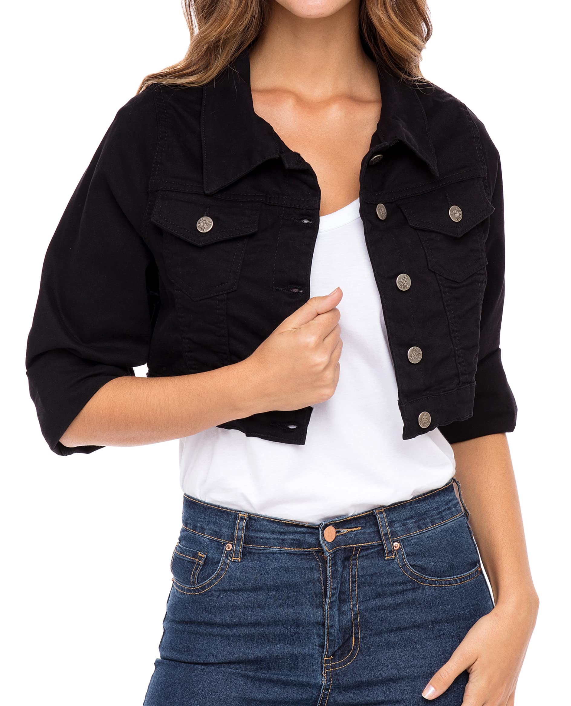 SKYLINEWEARS Women's Plus Size Stretch Denim Jacket - Cropped Long Sleeve Jean Jacket for Casual Outfits & Streetwear Fashion