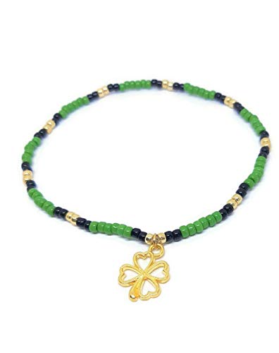 St. Patrick's Day Shamrock Charm Anklet - Green, Gold & Black Beaded Elastic Stretch Stacking Minimalist Ankle Bracelet with Gold Shamrock Pendant for Women | Perfect for Irish Festivals, Holiday Parties & Everyday Wear