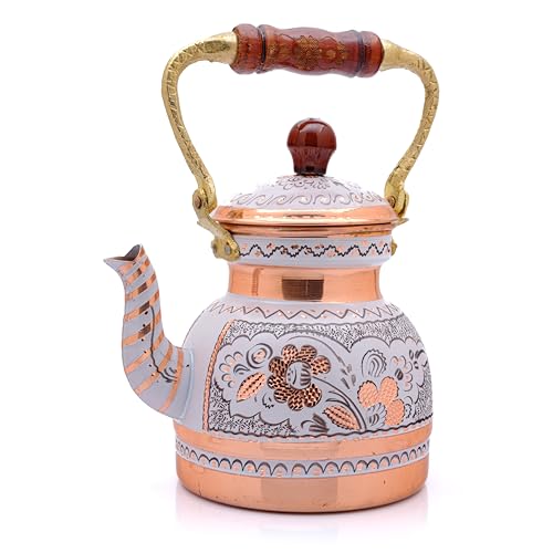 1.3L Pure Copper Stovetop Tea Kettle - Handcrafted Antique Turkish Teapot with Engraved Design (White) for Traditional Tea Brewing & Home Decor