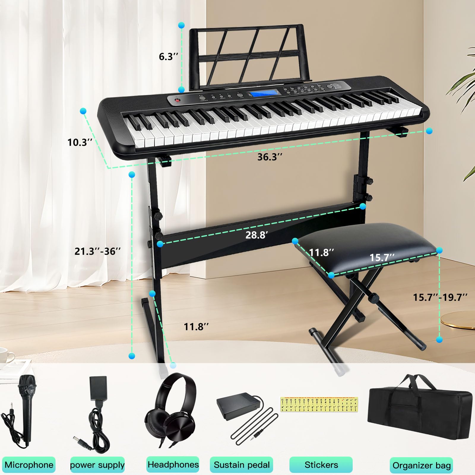 AQNIEGEP Pro 61-Key Electric Keyboard Piano with LCD Display & Sustain Pedal - Full-Size Digital Piano with Stand, Bench, Headphones, Mic - 200 Timbres, 80 Demo Songs, 128 Rhythms - Perfect for Beginners, Professionals & Home/Studio Use