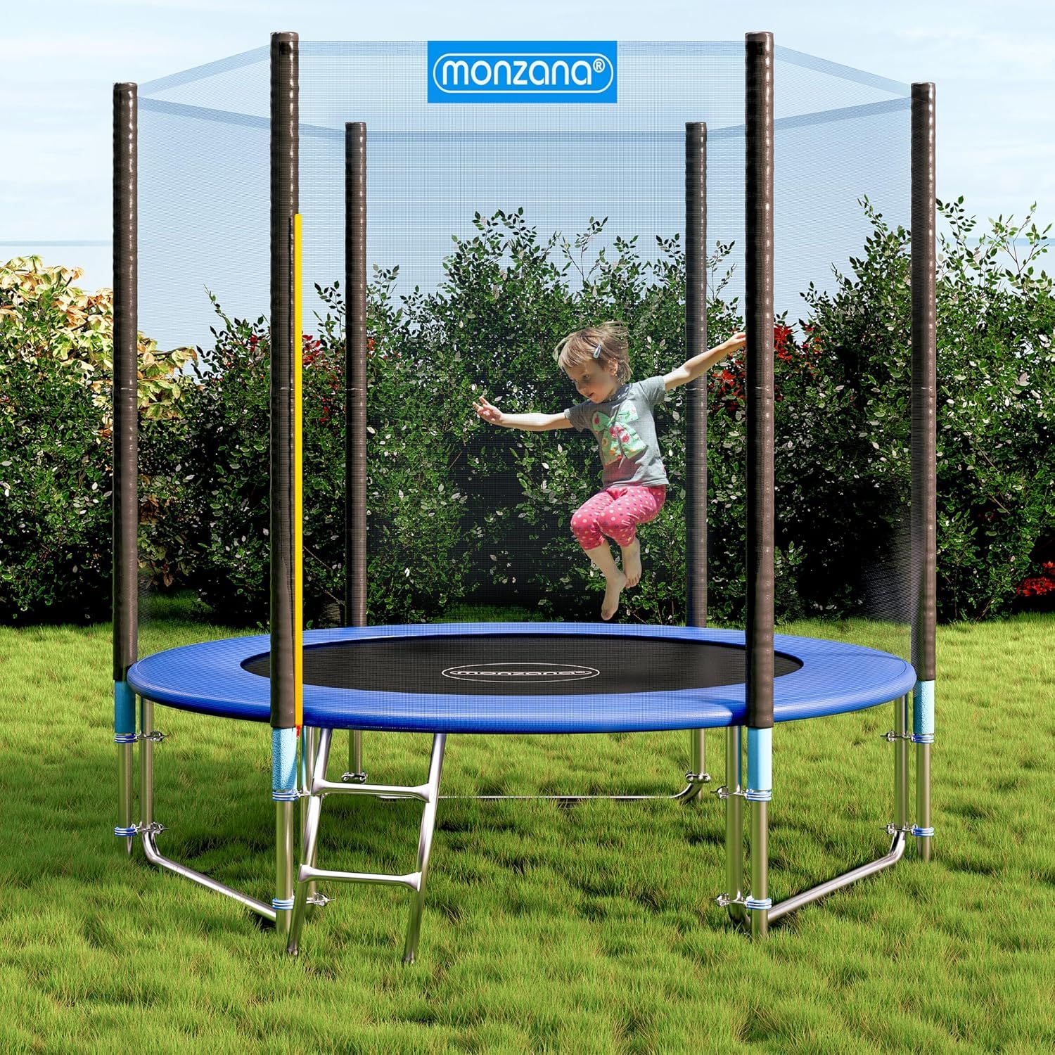 MONZANA® 6ft Trampoline with Safety Enclosure Net - 183cm Outdoor Trampoline Set Includes Ladder, Spring Tool & Edge Cover - Kids Backyard Trampoline for Garden, Playground & Outdoor Fun - Blue & Black