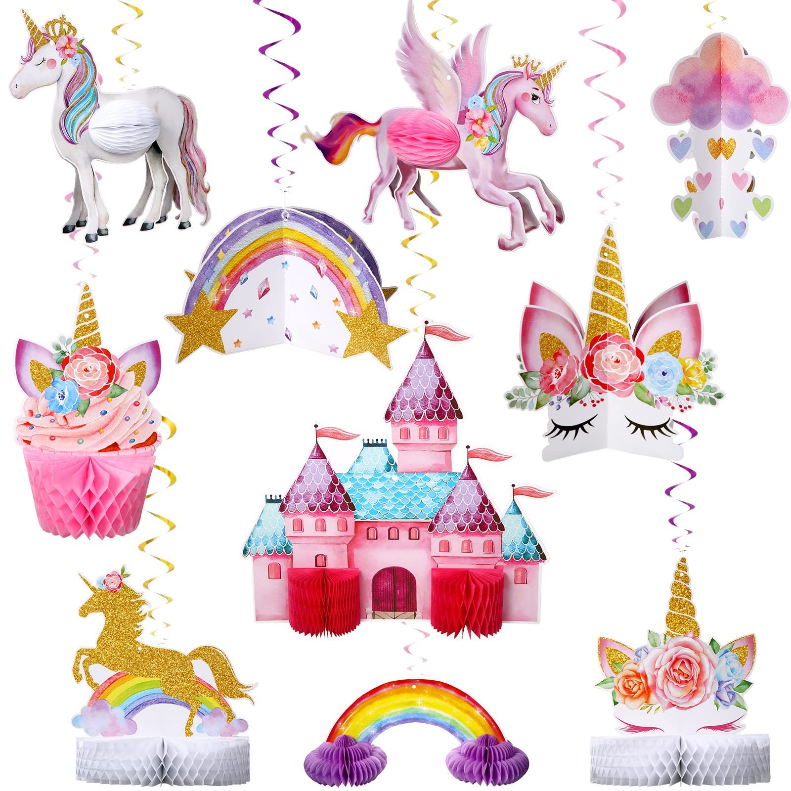10 Pcs Unicorn Rainbow Honeycomb Centerpieces - Hanging Swirl Table Decorations for Girls Birthday Party, Baby Shower & Bridal Shower - Shiny Unicorn Toppers for Party Supplies & Home Decor
