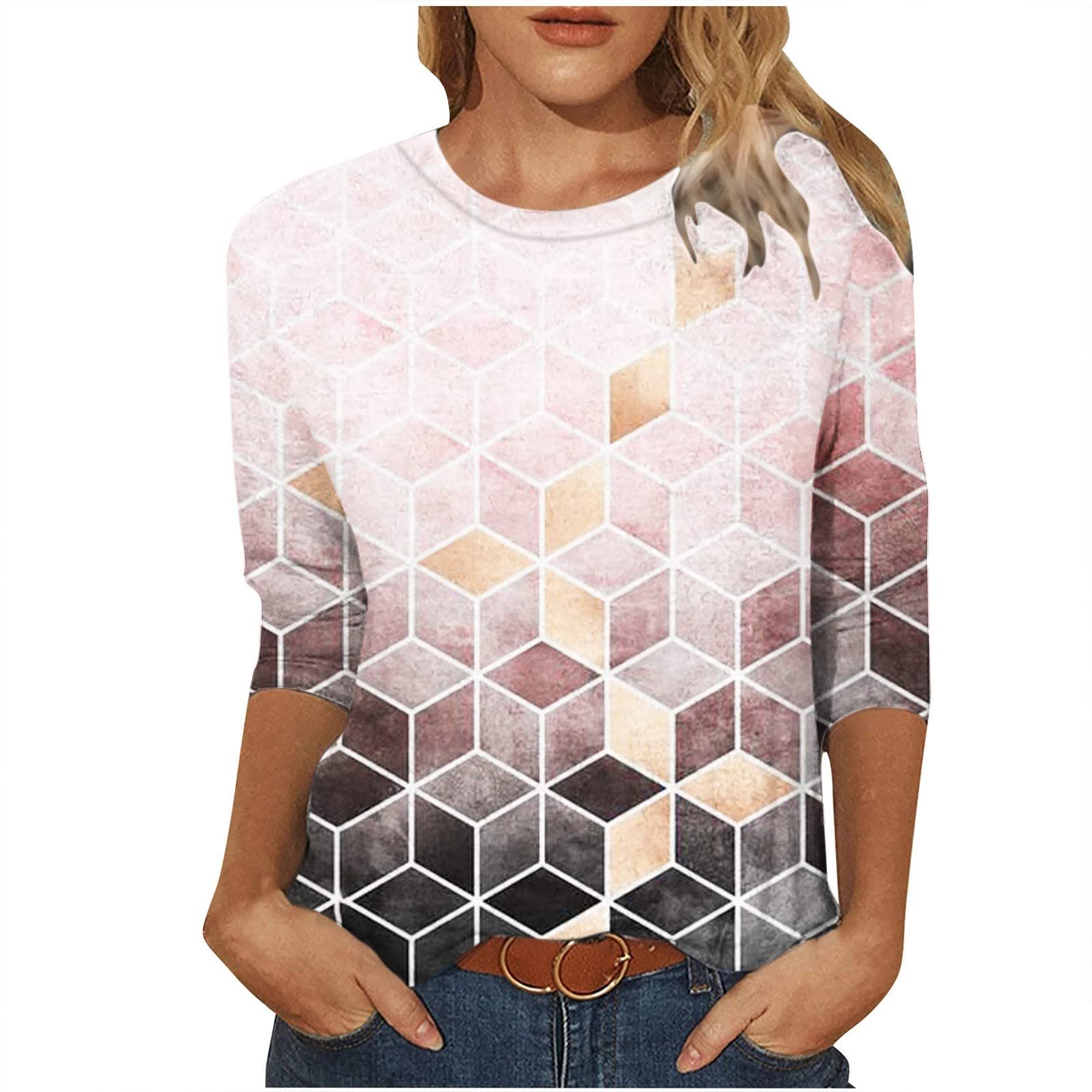 Trendy 3/4 Sleeve Geometric Print Summer Tops for Women - Comfortable Round Neck Pullover Blouse - Casual & Dressy Shirts for Work, Date Night & Vacation