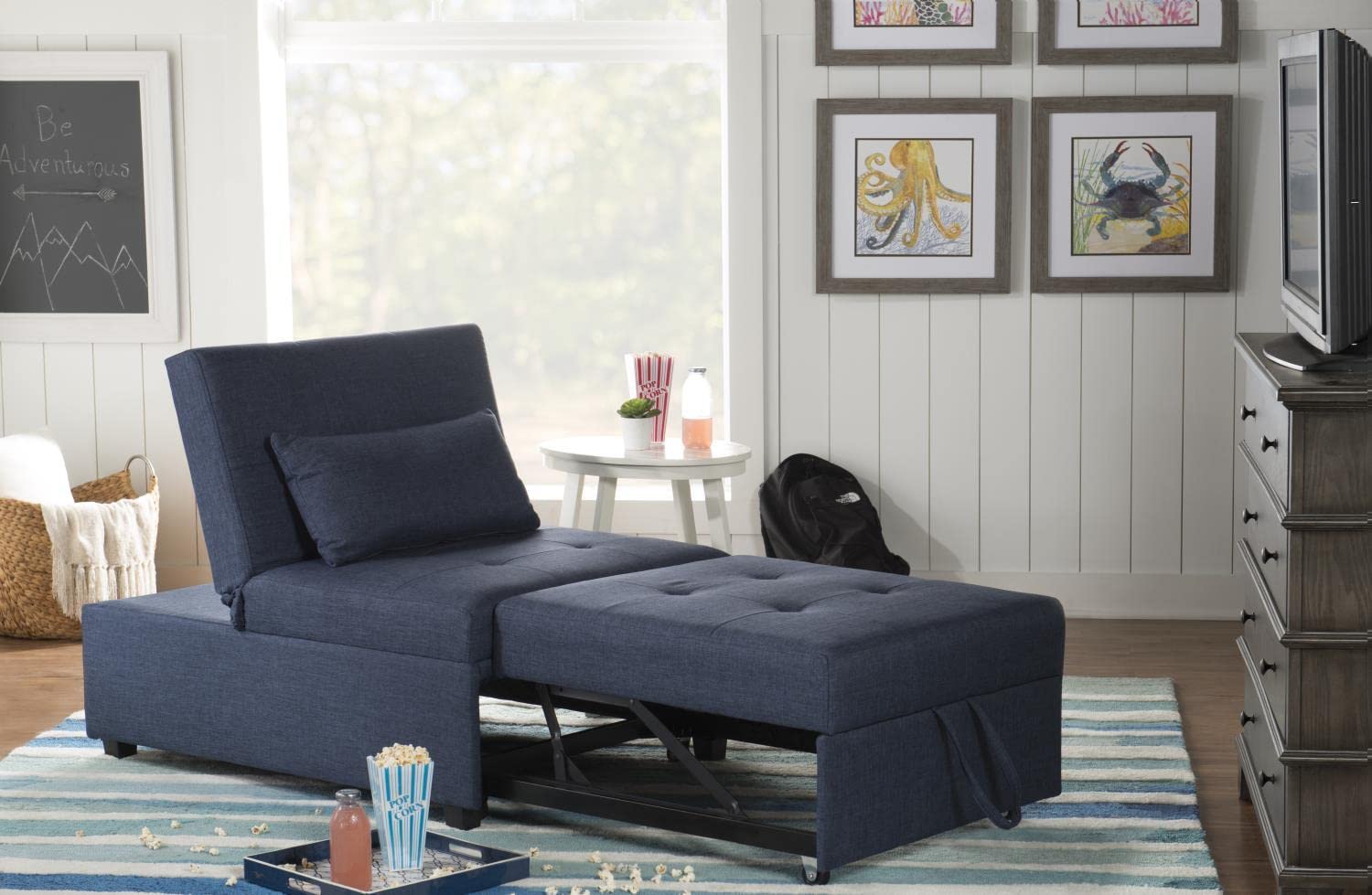 Powell Furniture Linon Boone Blue Upholstered Convertible Sofa Bed - Comfortable Sleeper Sofa for Small Spaces, Guest Rooms & Apartments
