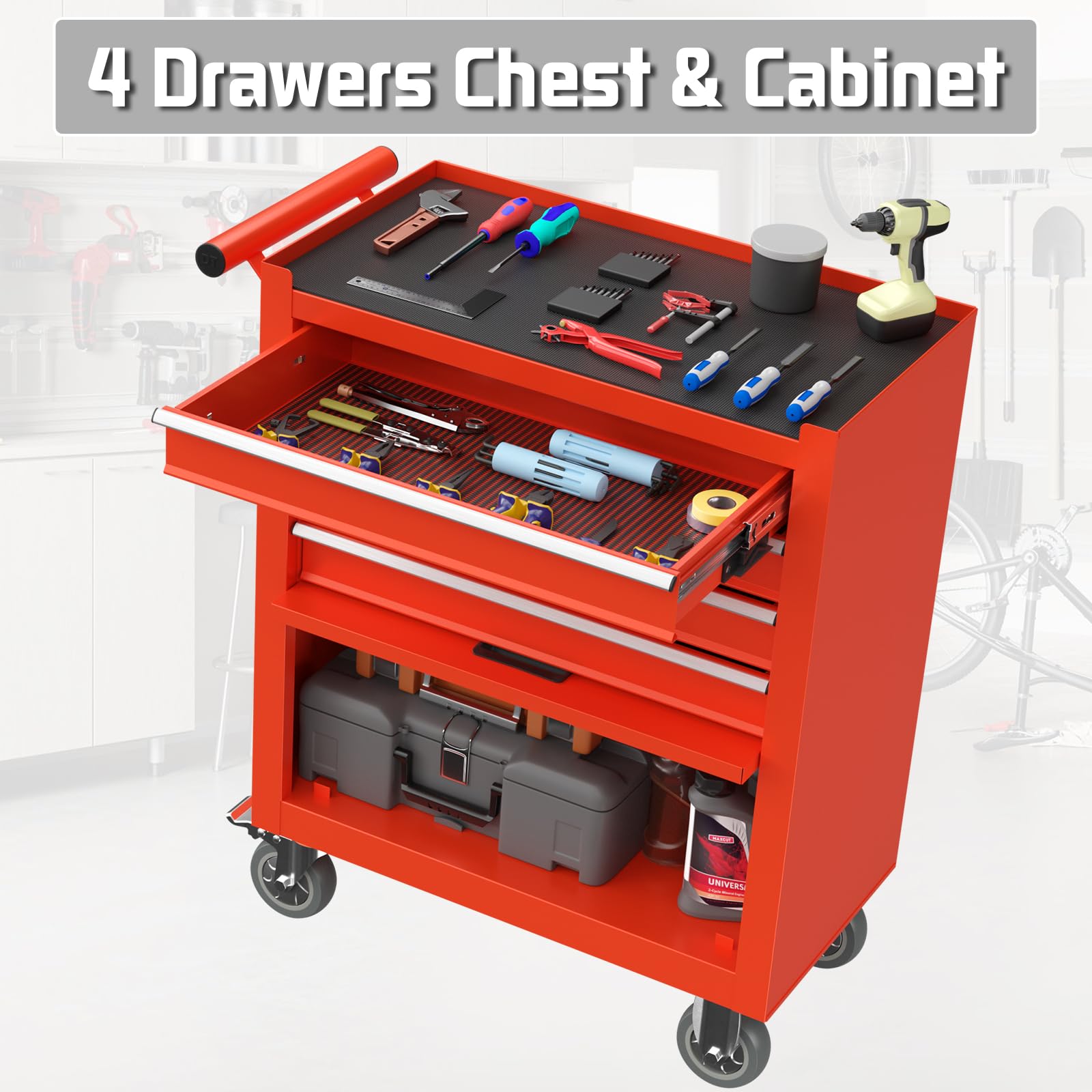 Heavy Duty 4-Drawer Rolling Tool Chest with Lockable Wheels | Metal Tool Storage Cabinet with Drawer Liners | Perfect for Garage Organization, Auto Repair Shops & DIY Workshops | Red Tool Cart for Professional Mechanics