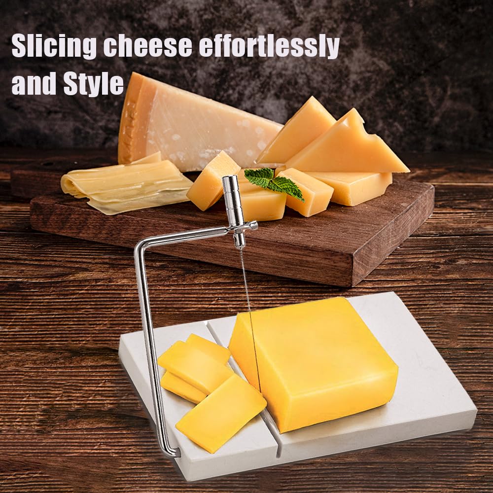 Premium Stainless Steel Cheese Slicer with 5 Replacement Wires - Adjustable Handheld Cheese Cutter for Block Cheese - Includes Cutting Board - Perfect for Kitchen, Party Platters & Charcuterie Boards