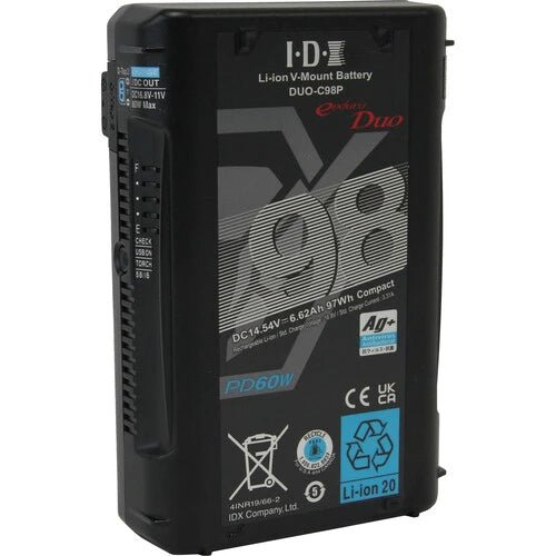 IDX System Technology DUO C98P 97Wh High Capacity V-Mount Lithium-Ion Battery for DSLR Cameras, Cinema Cameras, and Video Production Equipment - Perfect for Filmmaking, Live Streaming, and Professional Photography