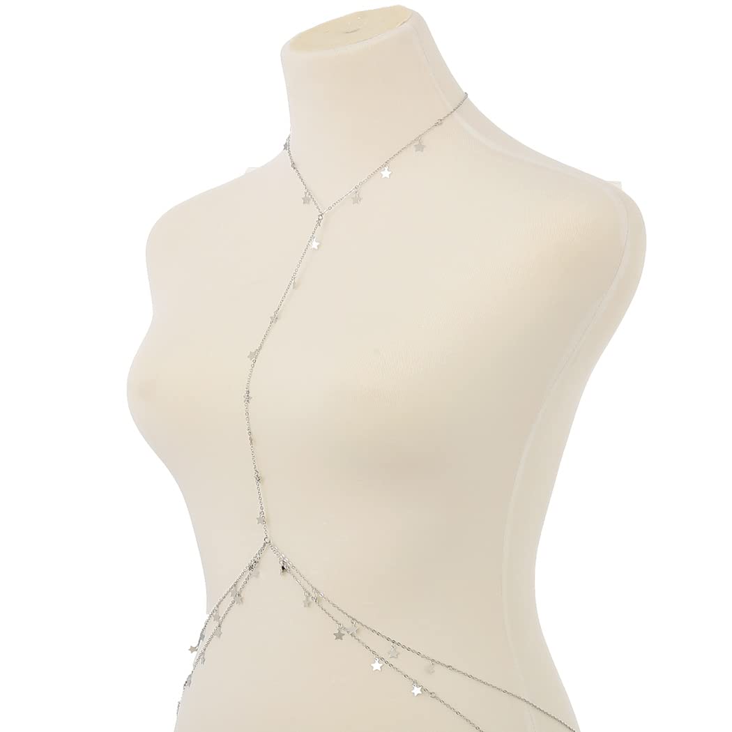 Bounzhi Silver Sexy Body Chain Jewelry for Women - Crossover Thin Bra Bikini Waist Belly Chain - Perfect for Beach Parties, Music Festivals & Boudoir Photography