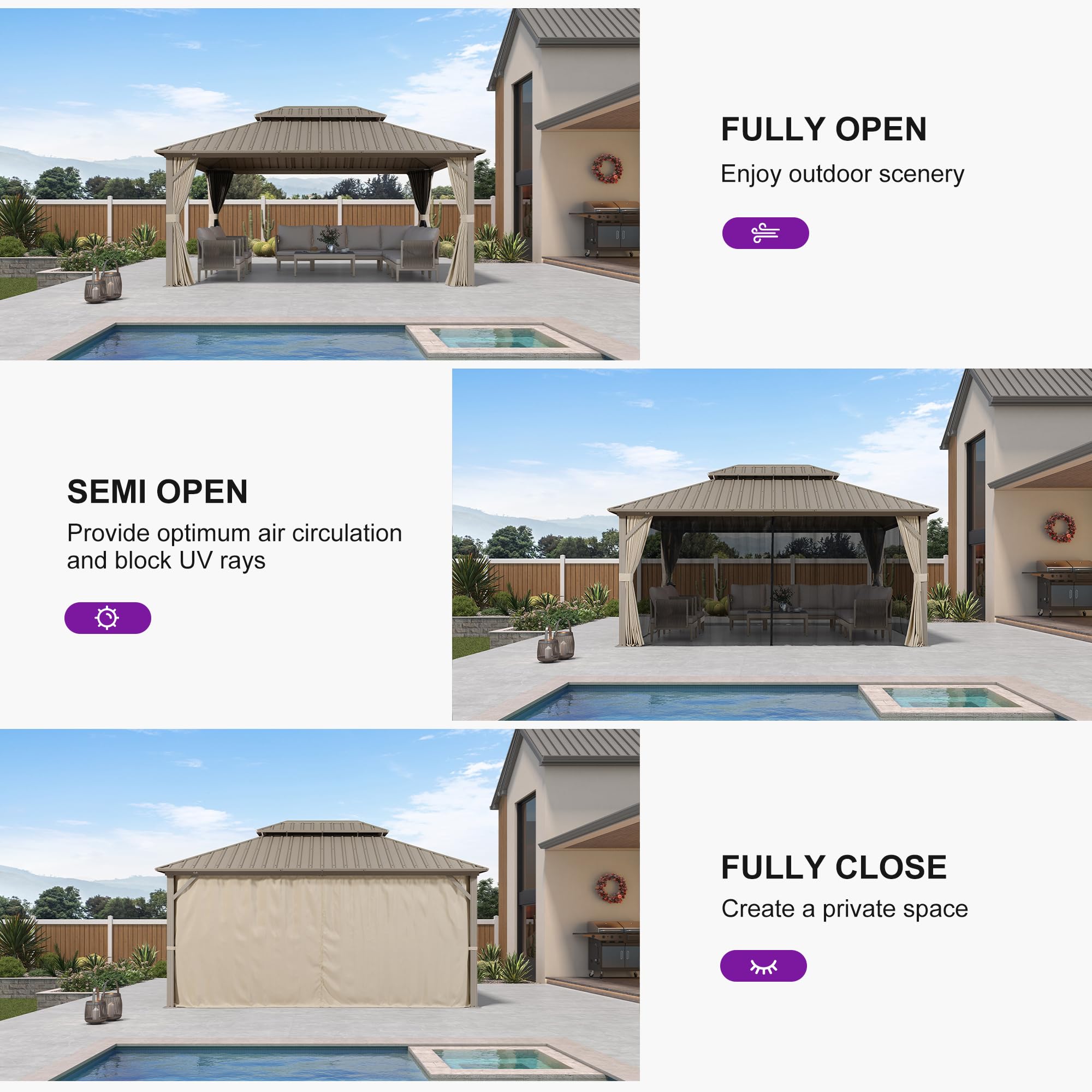 PURPLE LEAF 12'x16' Champagne Outdoor Hardtop Gazebo - Aluminum Patio Gazebo with Galvanized Steel Double Roof, Curtains & Netting - Perfect for Backyard, Garden, Deck, and Outdoor Entertaining