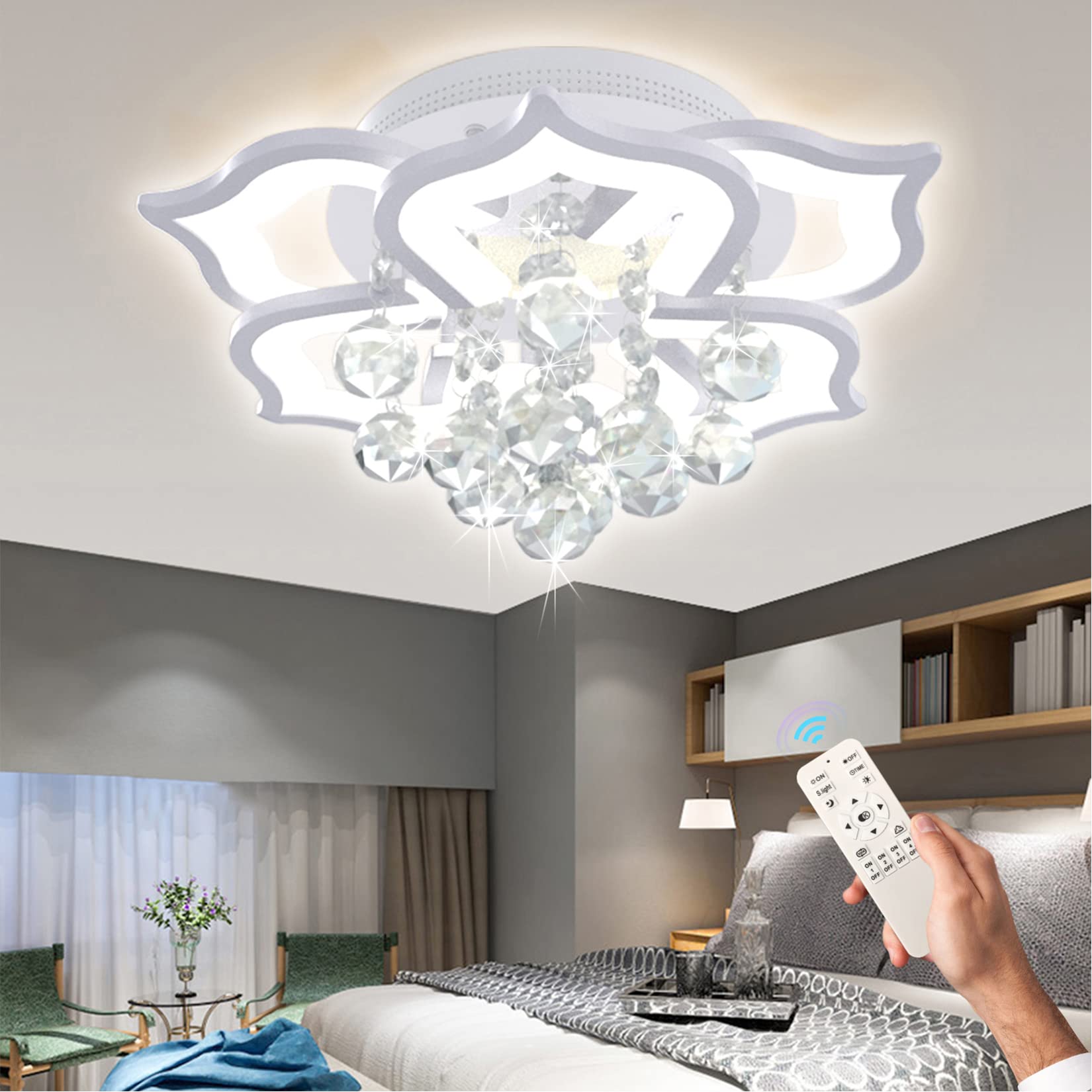 AHAWILL Modern Crystal Flush Mount LED Chandelier Ceiling Light - 13.78
