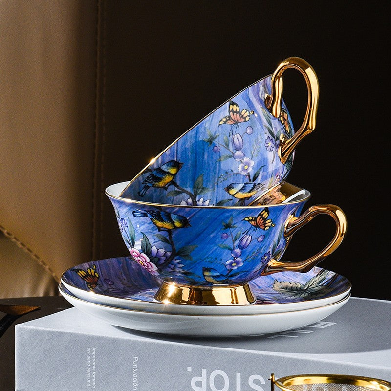 Blue Bird and Butterfly Bone China Porcelain Tea Cup Set - Elegant British Tea Cup and Saucer in Gift Box, Fine Ceramic Coffee Cups for Afternoon Tea, Bridal Shower, and Home Decor