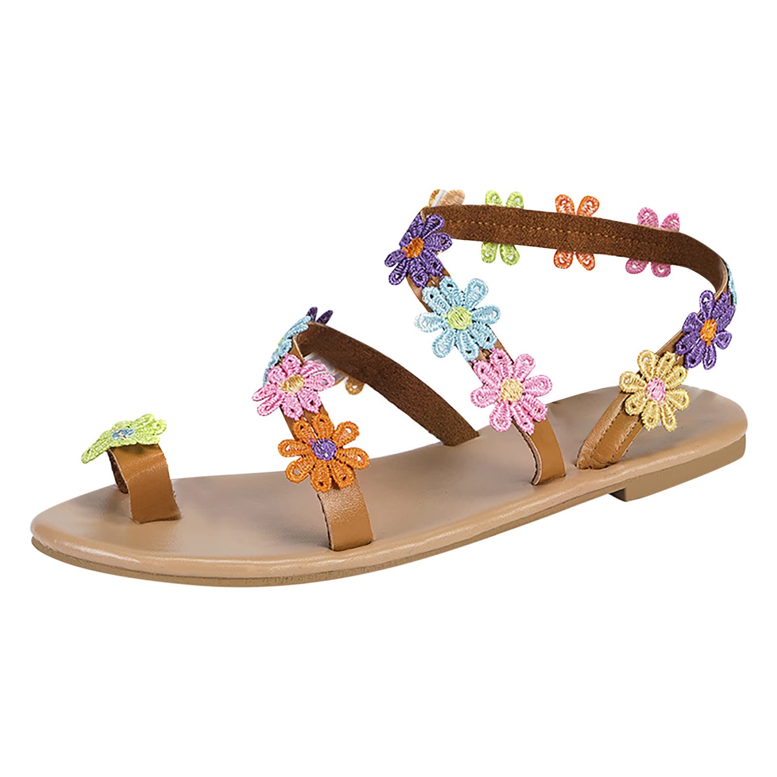 Stylish Women's Flat Sandals - Breathable Summer Dressy & Casual Shoes with Floral Lace Straps & Toe Ring | Lightweight Comfortable Slip-On Slippers for Beach, Vacation, and Everyday Wear