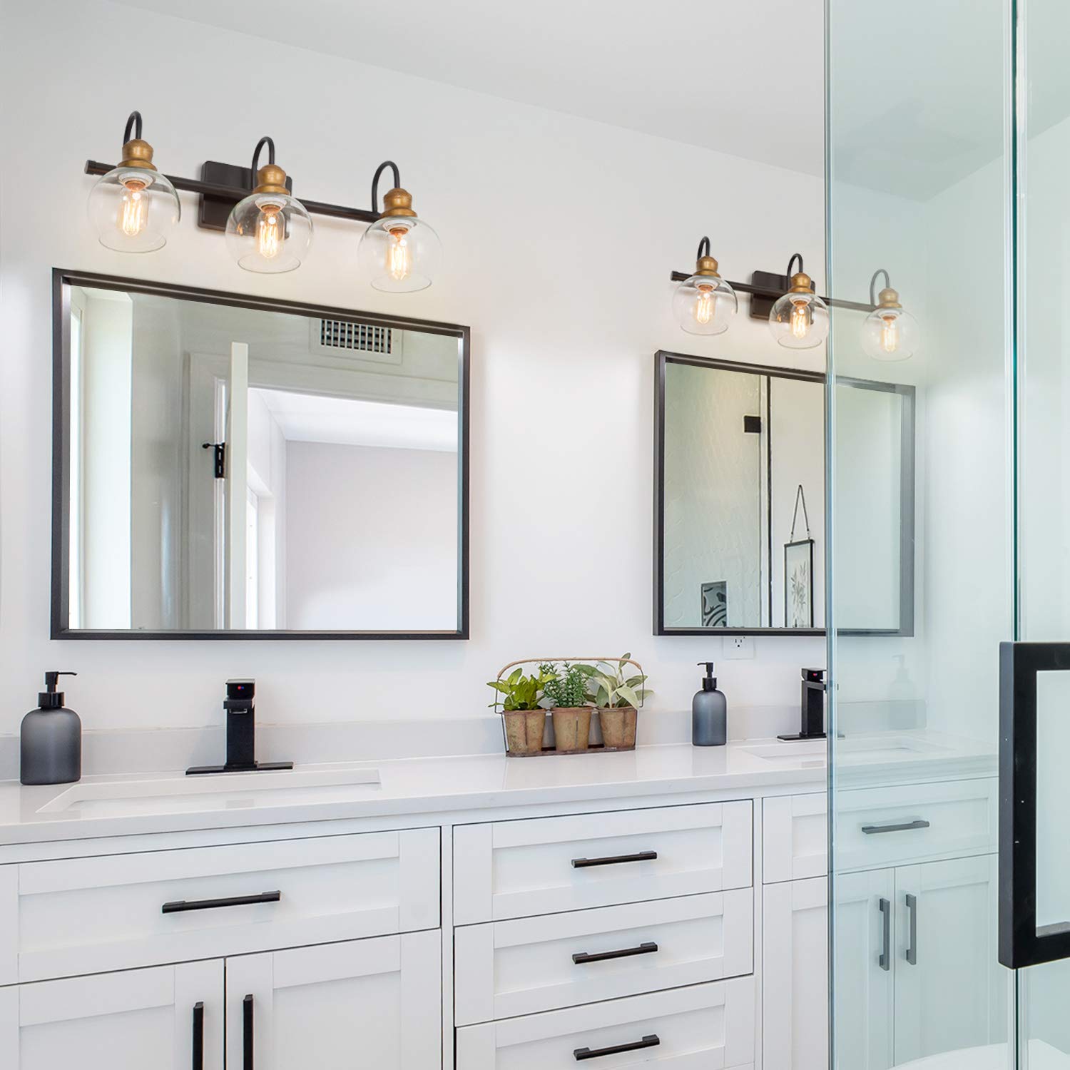 LALUZ Bathroom Vanity Lights - Oil Rubbed Bronze Finish, Antique Gold Socket with Clear Glass Shade - 22.5