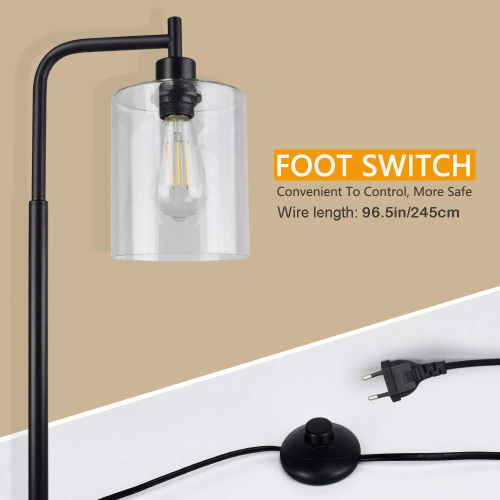 DLLT Industrial LED Floor Lamp with Clear Glass Shade - Tall Standing Light for Bedroom, Living Room & Office - Adjustable Reading Light with E26 Socket - Modern Black Pole Light for Home Decor & Workspace Lighting