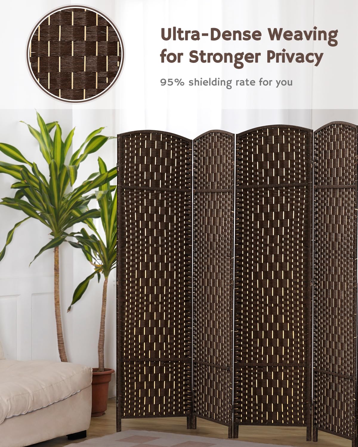 JOSTYLE 6ft Tall Extra Wide Folding Room Divider Privacy Screen - Diamond Double-Weave Freestanding Partition for Home Office, Bedroom & Living Room (Brown, 6-Panel) - Perfect for Creating Private Spaces in Open Areas