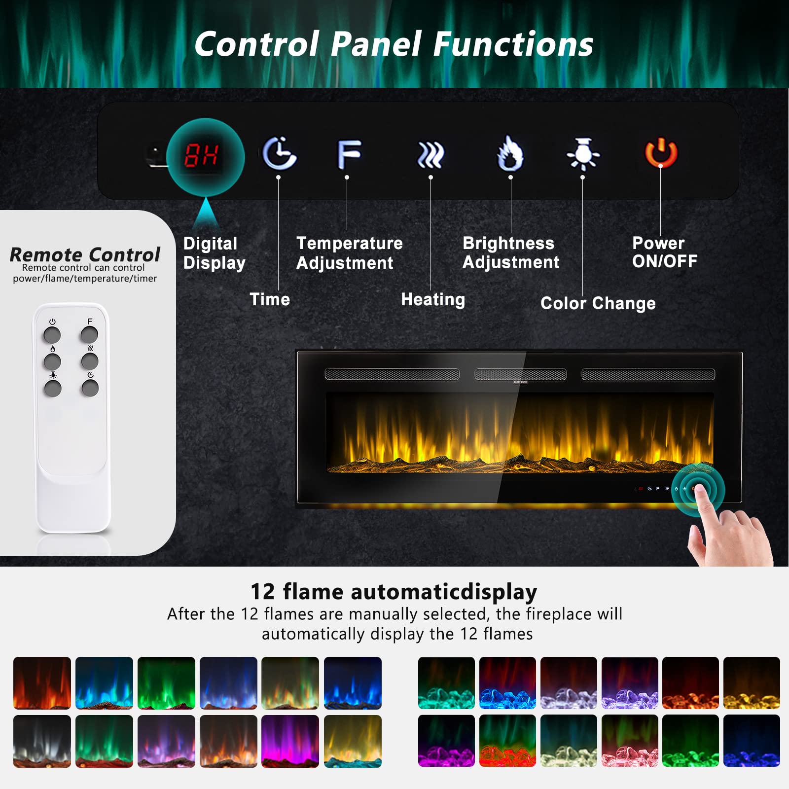 50 Inch Electric Fireplace with Remote & Touch Panel Control - Wall Mounted/Recessed, 12-Level Adjustable Flame Colors & Speed - Perfect for Living Room, Bedroom & Office Heating
