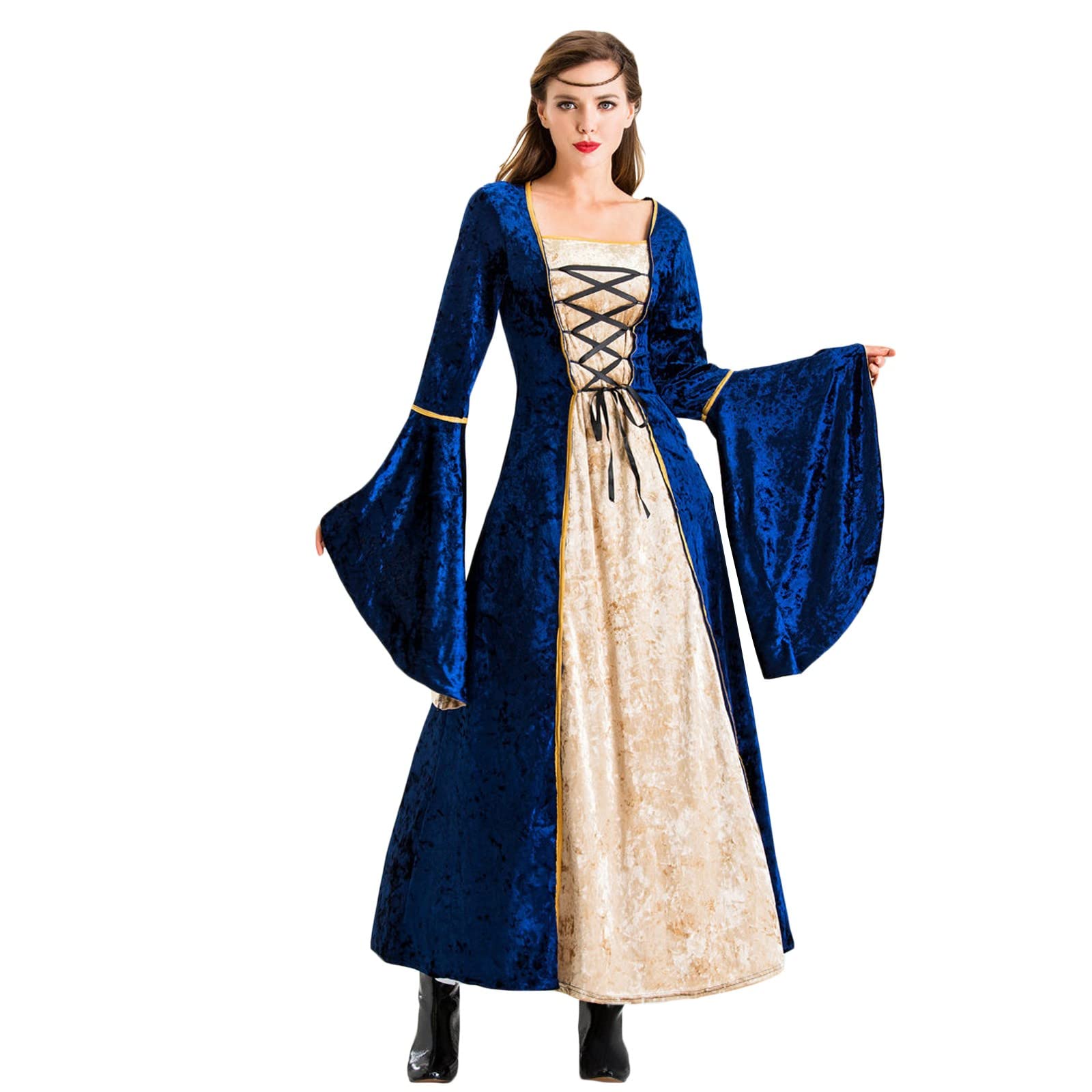 Vintage Elegant Square Neck Halloween Dress for Women - Stitched Bell Sleeve Slimming Costume with Belt | Perfect for Cosplay, Parties & Gothic Fashion