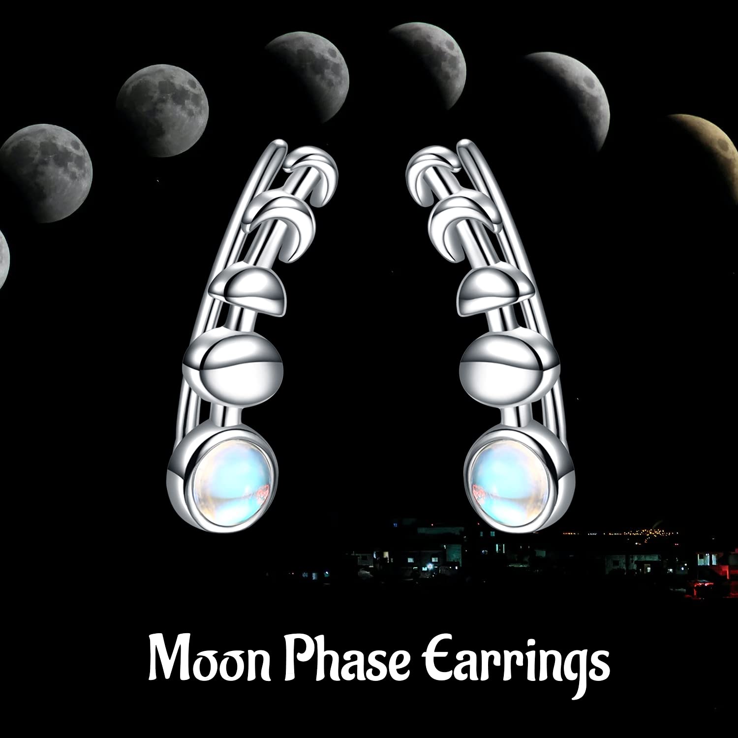 925 Sterling Silver Moon Phase Ear Crawler Cuff Earrings | Hypoallergenic Ear Climbers for Women | Perfect for Date Night, Parties & Special Occasions