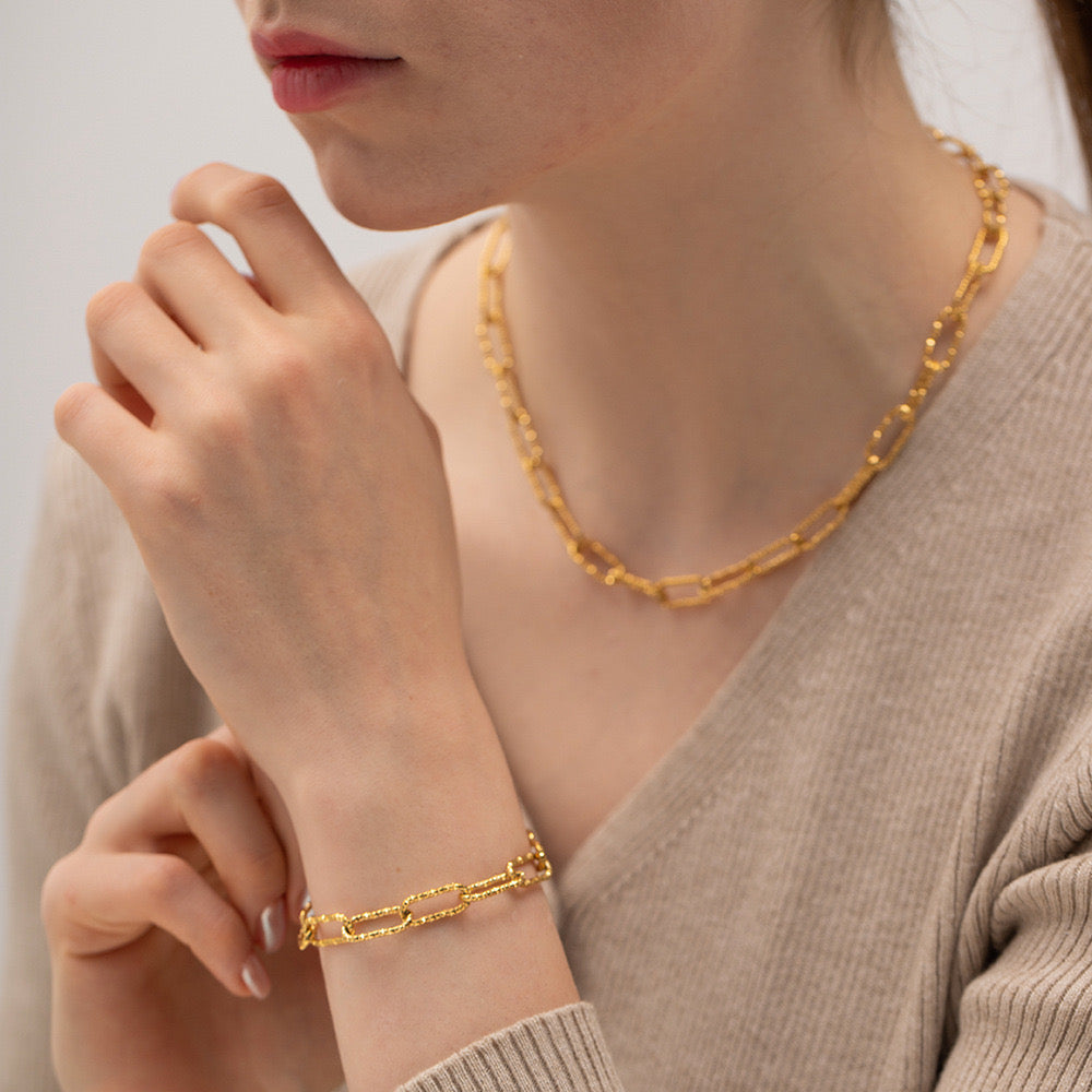 18K Gold Plated Stainless Steel Link Chain Bracelet and Necklace Set - Elegant Jewelry Gift for Women | Perfect for Weddings, Parties & Everyday Wear | JDWB030