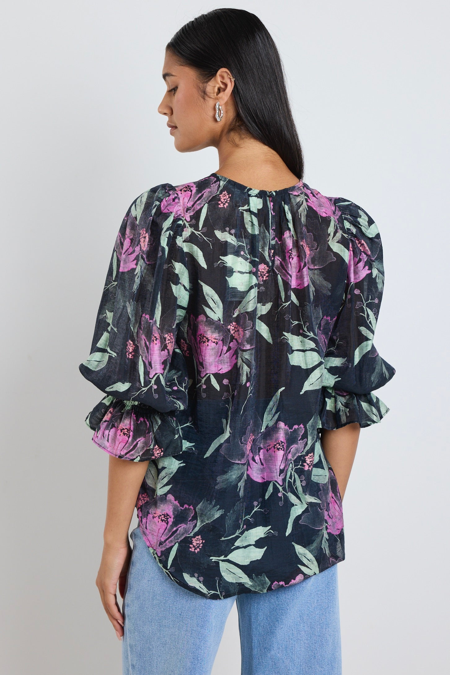 Stylish Petrol Lilac Floral Print Crew Neck Mid Sleeve Blouse for Women | Casual Summer Tops | Perfect for Office Wear, Date Nights & Weekend Outings