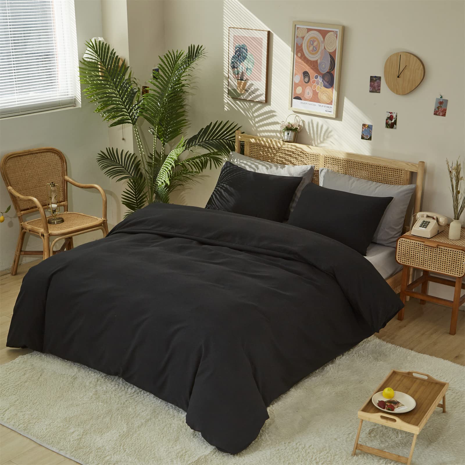 CLOTHKNOW Black King Comforter Set 3Pieces - Ultra Soft Solid Bedding Set for Men & Boys with 2 Pillowcases - Perfect for Master Bedroom, Guest Room & Dormitory