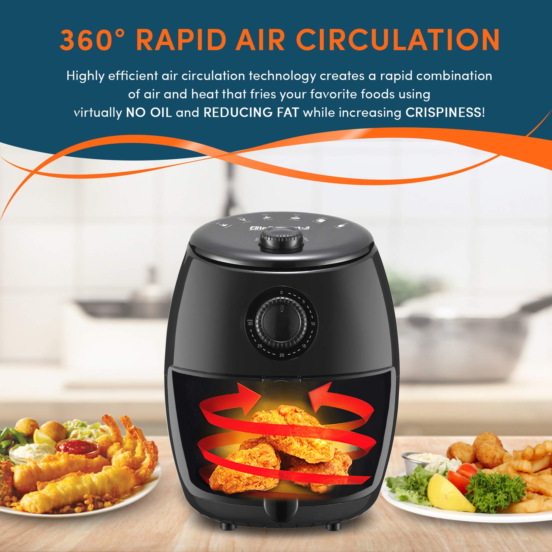 Elite Gourmet EAF0201X 2.1 Quart Electric Air Fryer - Oil-Free Healthy Cooking, 1000W, Compact Space Saving Design, Adjustable Timer & Temperature Control, Black - Perfect for Small Kitchens, Dorms & Healthy Meal Prep