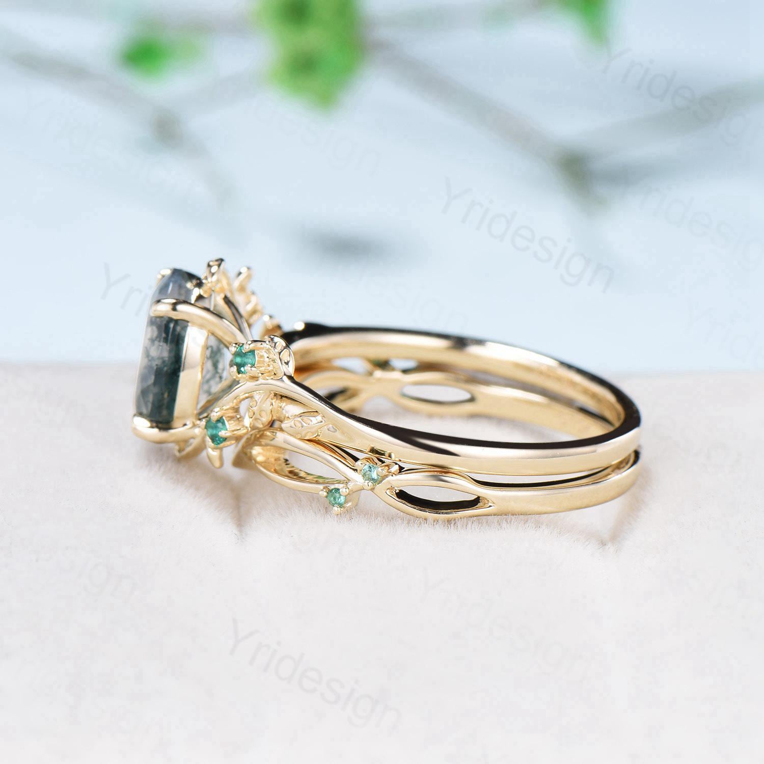2CT Oval Moss Agate Ring Set in 14K Yellow Gold - Nature Inspired Green Agate Engagement Ring, Cluster Emerald Anniversary Ring for Women - Perfect for Weddings, Proposals & Special Occasions