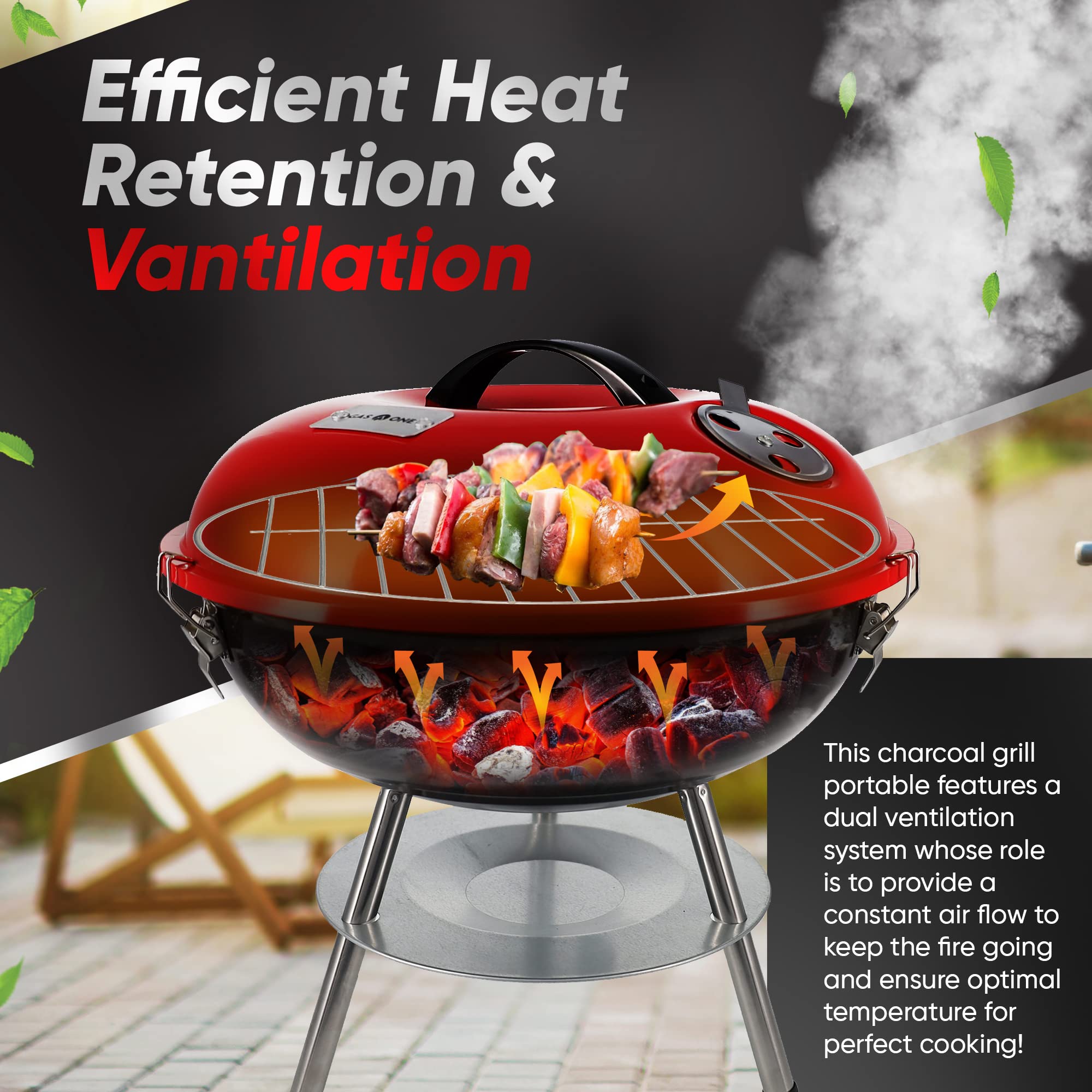 Gas One 14-Inch Portable Charcoal Grill - Compact BBQ with 3-Point Locking Lid & Dual Venting System for Even Heat - Perfect for Backyard, Camping, Boating & Outdoor Cooking Adventures