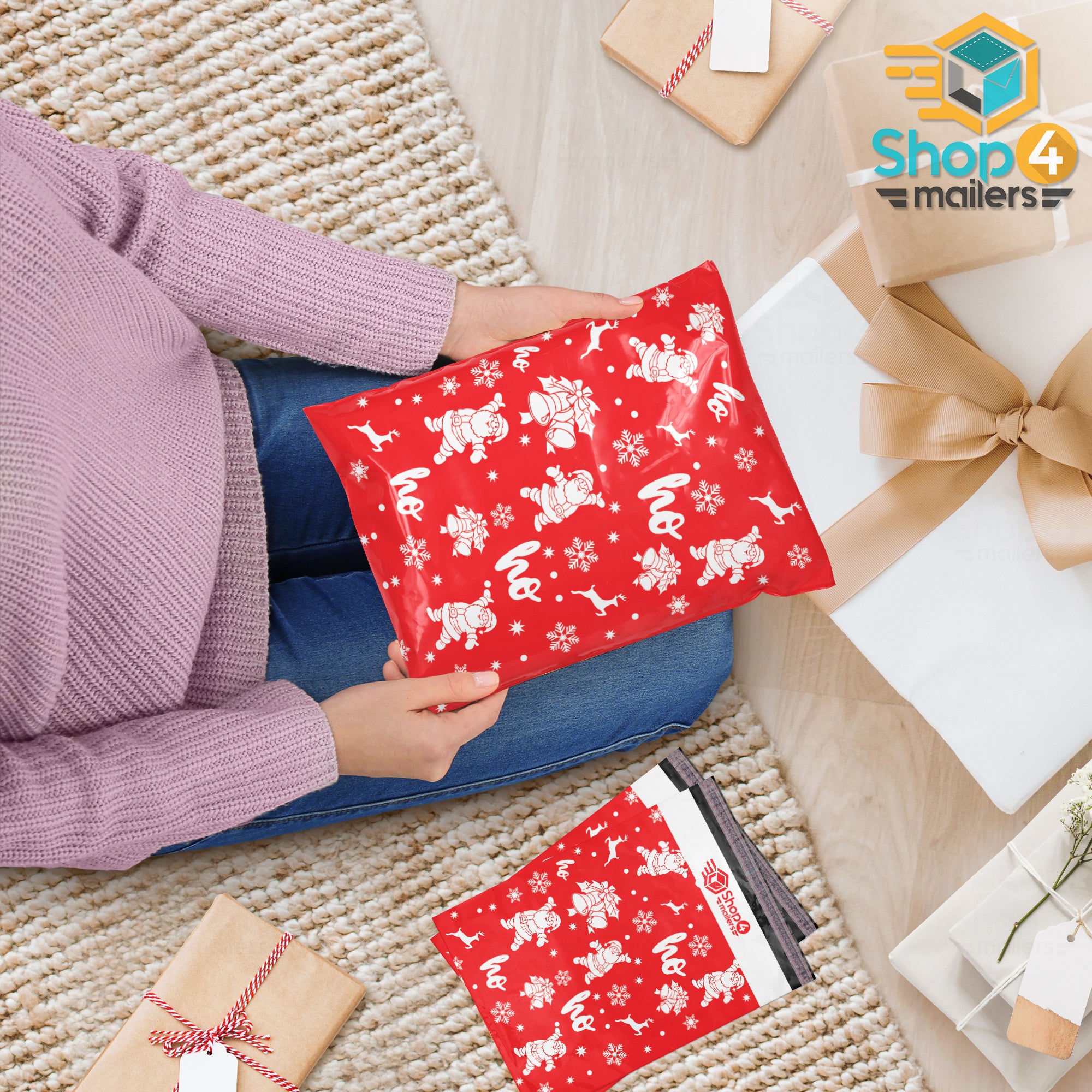Shop4Mailers 10x13 Santa Claus Ho Ho Ho Christmas Holiday Poly Mailer Envelopes - 2 Mil Thick Durable Shipping Bags for Holiday Gifts, Greeting Cards & Ecommerce Packages
