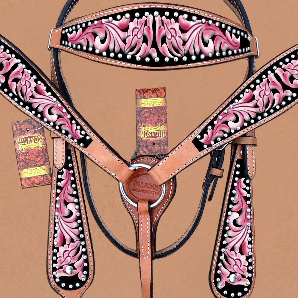 HILASON Western Horse Headstall & Breast Collar Set - Genuine American Leather in Pink | Durable Leather Headstall & Breast Collar | Complete Horse Tack Set for Western Riding | Perfect for Trail Rides, Shows & Ranch Work