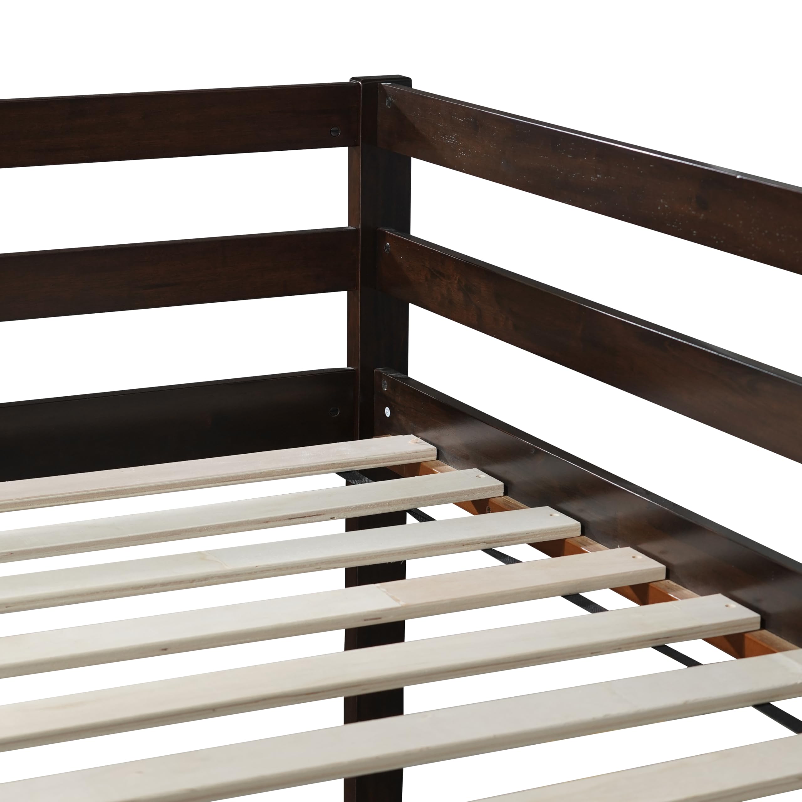 **Twin Over Twin Low Bunk Bed Frame - Wooden Junior Loft Bed for Kids, Boys, Girls & Teens with Safety Rails - Espresso Finish - Perfect for Small Bedrooms, Dorms & Shared Kids' Rooms**