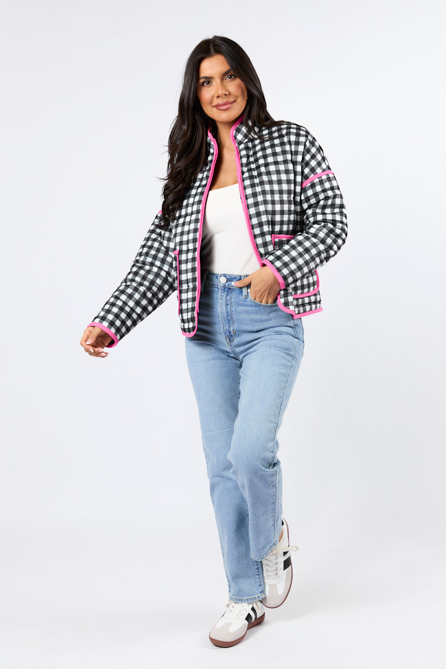 Going For It Black Gingham Printed Zip Up Jacket - Stylish Casual Outerwear for Men & Women | Perfect for Spring, Fall & Layering Outfits