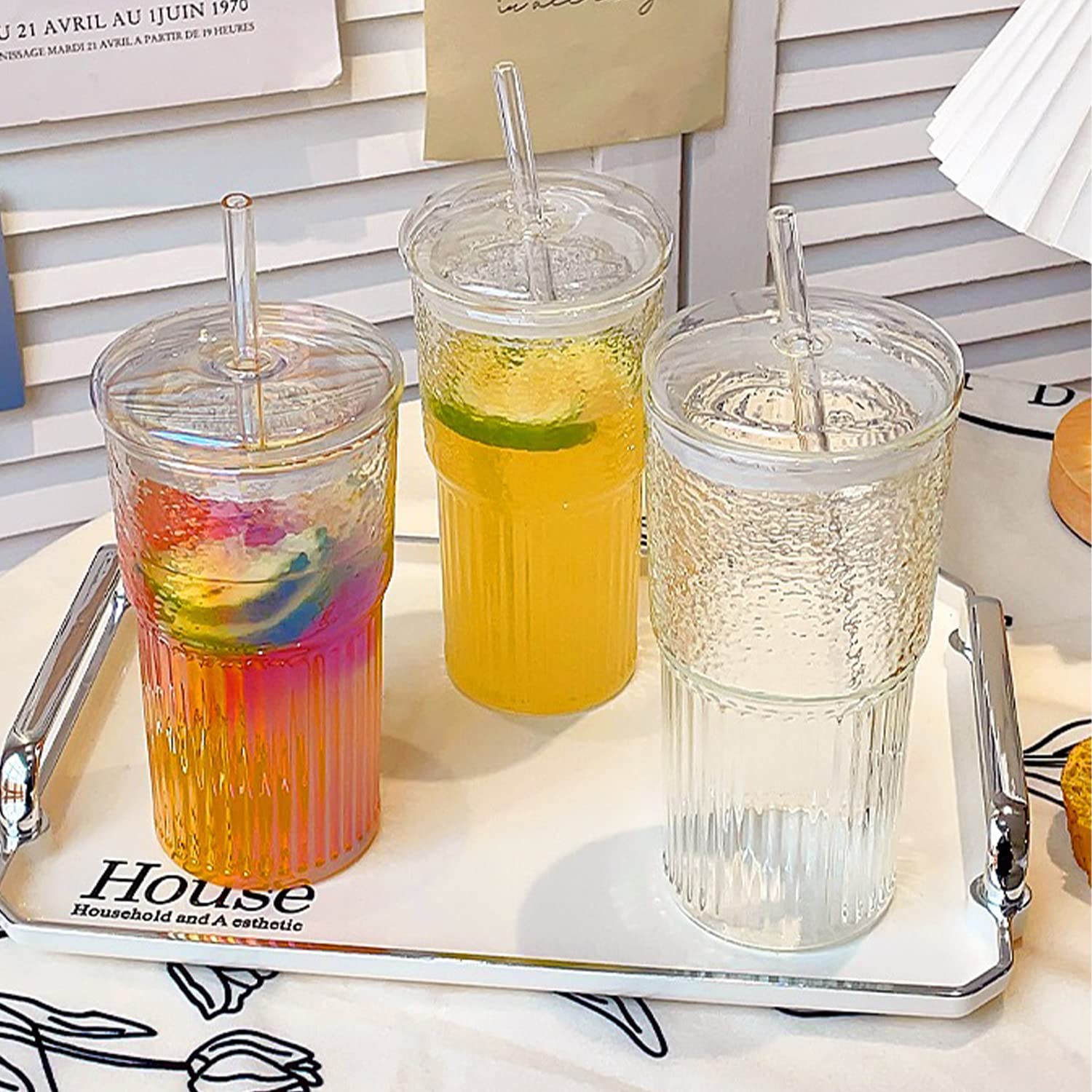 2 Packs 20 oz Glass Tumbler with Lids and Straws - Reusable Clear Glass Coffee Mug for Hot & Cold Drinks - Insulated Thick Wall Iced Tea Cup - Perfect for Coffee, Tea, Smoothies at Home, Office or Travel