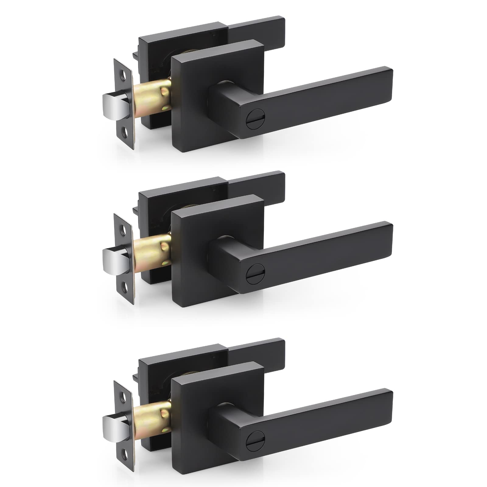 Premium Universal Black Door Knob Set - 3 Pack for Bedroom, Bathroom & Interior Doors - Durable Privacy Lever Door Lock Hardware - Perfect for Home, Office & Apartment Use