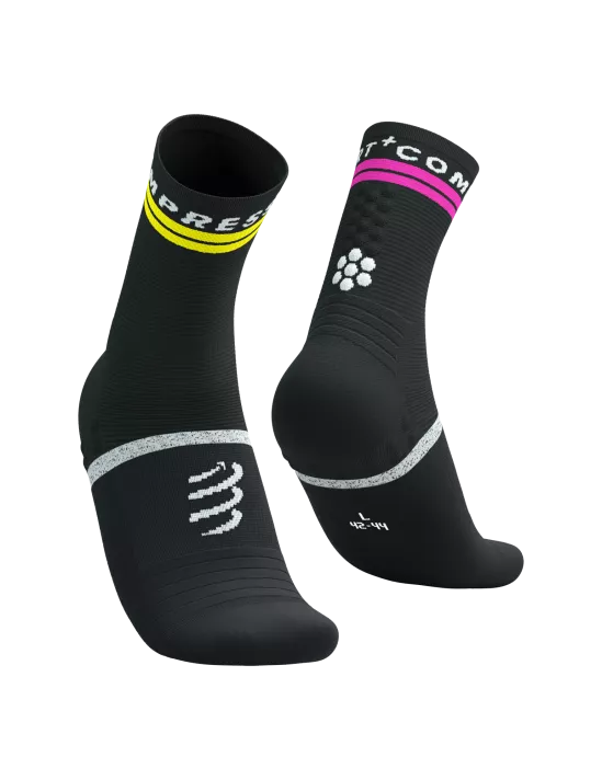 Compressport Unisex Pro Marathon Running Socks v2.0 - Black/Safety Yellow/Neo Pink - Performance Athletic Socks for Long Distance Running, Triathlon & Training