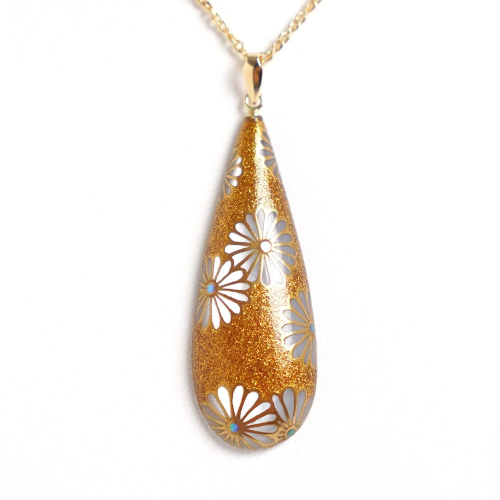 Handcrafted Japanese Maki-e Urushi Lacquer Pendant Necklace with White South Sea Pearl Shell & Chrysanthemum Design - Traditional Asian Jewelry for Women, Gift for Her, Wedding, Anniversary & Special Occasions