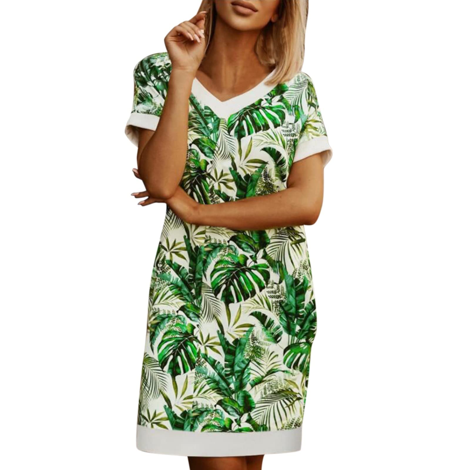 XXFF Women's Floral Print V-Neck Casual Summer Dress 2022 - Elegant Straight Shirt Dress for Daily Wear, Office, Date Night & Special Occasions