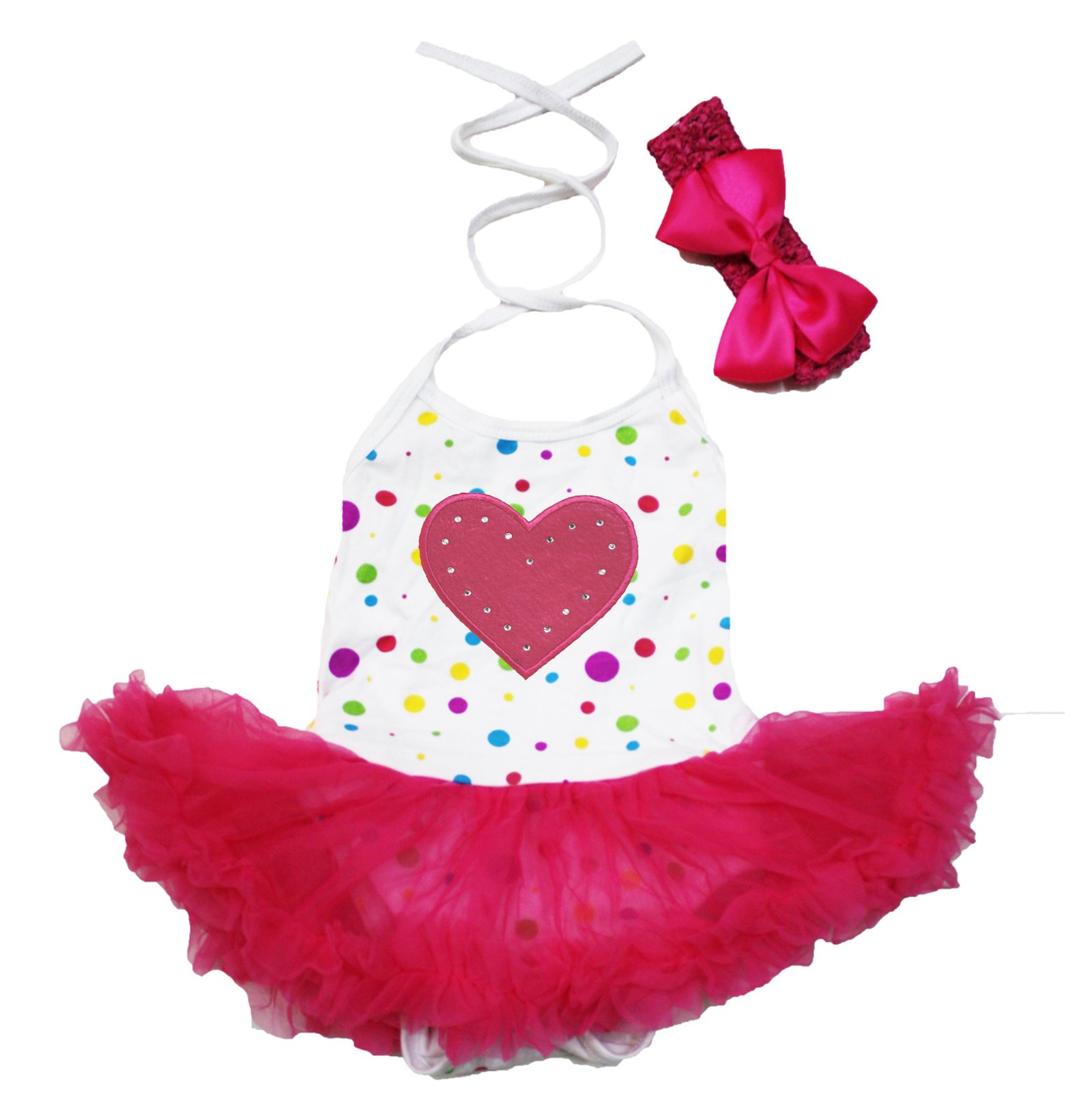 Valentine's Day Baby Girl Dress - Red Heart Dots Halter Neck Bodysuit with Hot Pink Tutu Skirt Set for Newborn to 24 Months | Perfect for Photoshoots, Birthday Parties & Special Occasions