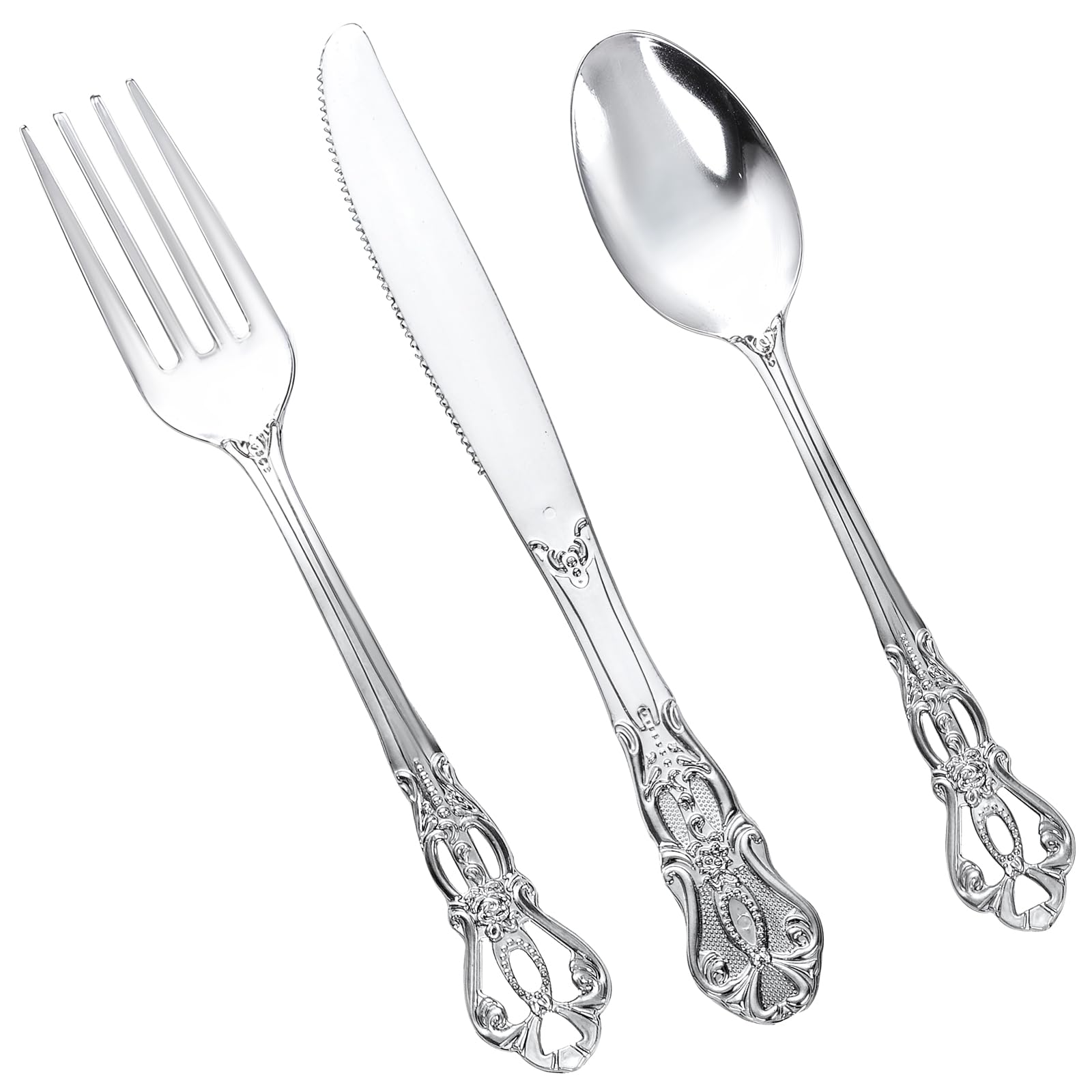150-Piece Heavy Duty Silver Plastic Cutlery Set - Disposable Silverware Kit with 50 Forks, 50 Spoons & 50 Knives - Elegant Plastic Utensils for Catering, Parties, Weddings, Picnics & Outdoor Events