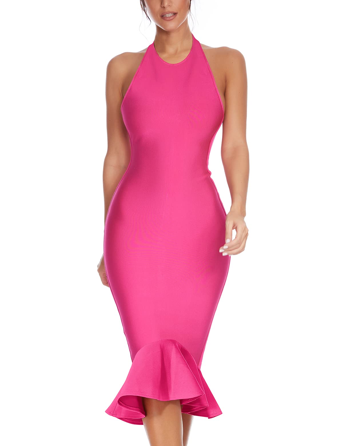 Elegant Women's Halter Backless Bandage Dress for Wedding, Party & Celebration | Mermaid Midi Bodycon Dress for Bridal Shower, Cocktail Party & Special Occasions