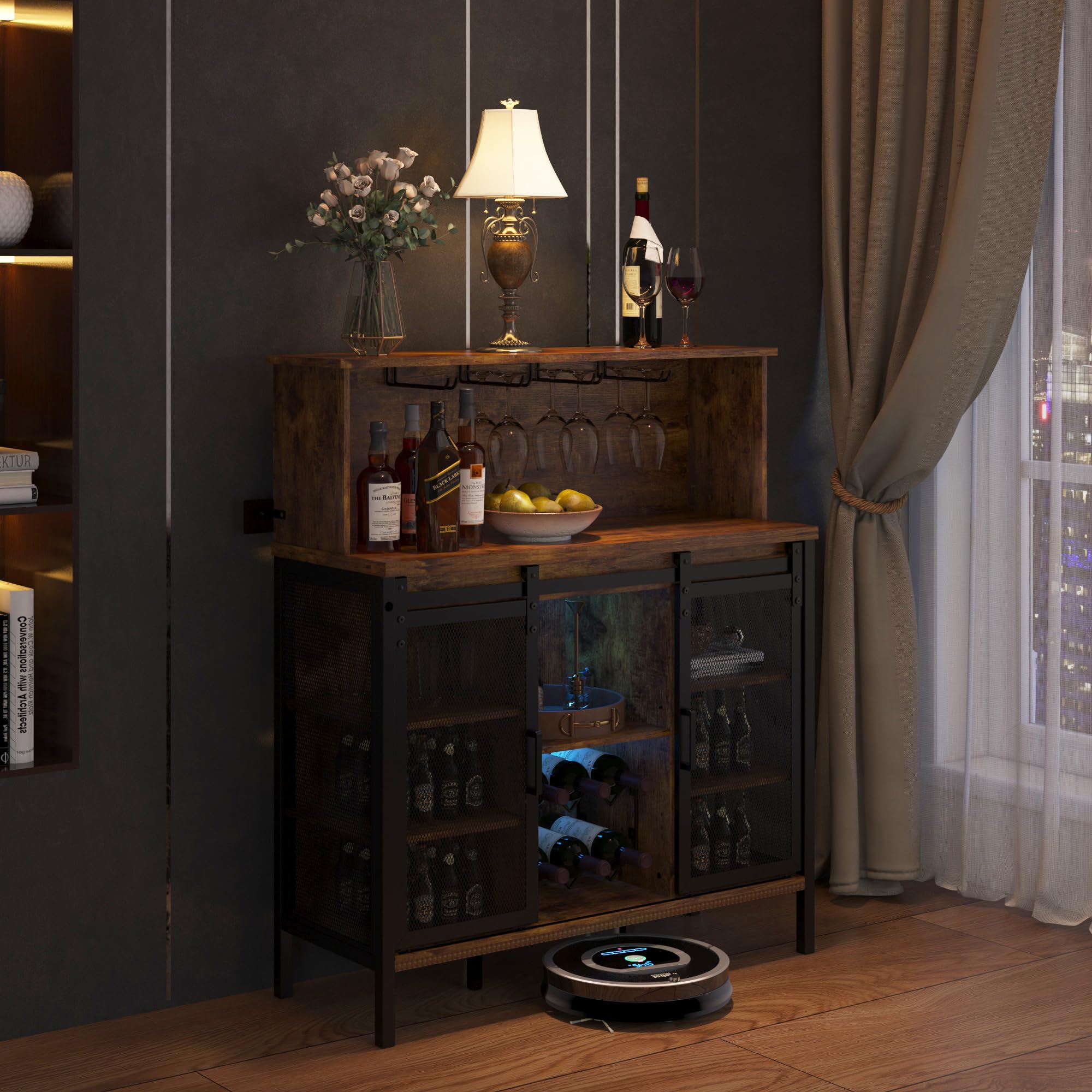 Rustic Brown Farmhouse Coffee & Wine Bar Cabinet with Sliding Barn Door - Buffet Storage Cabinet with Wine Rack, Glass Holder & LED Lighting for Kitchen, Living Room, Dining Room - Perfect for Entertaining Guests & Home Decor