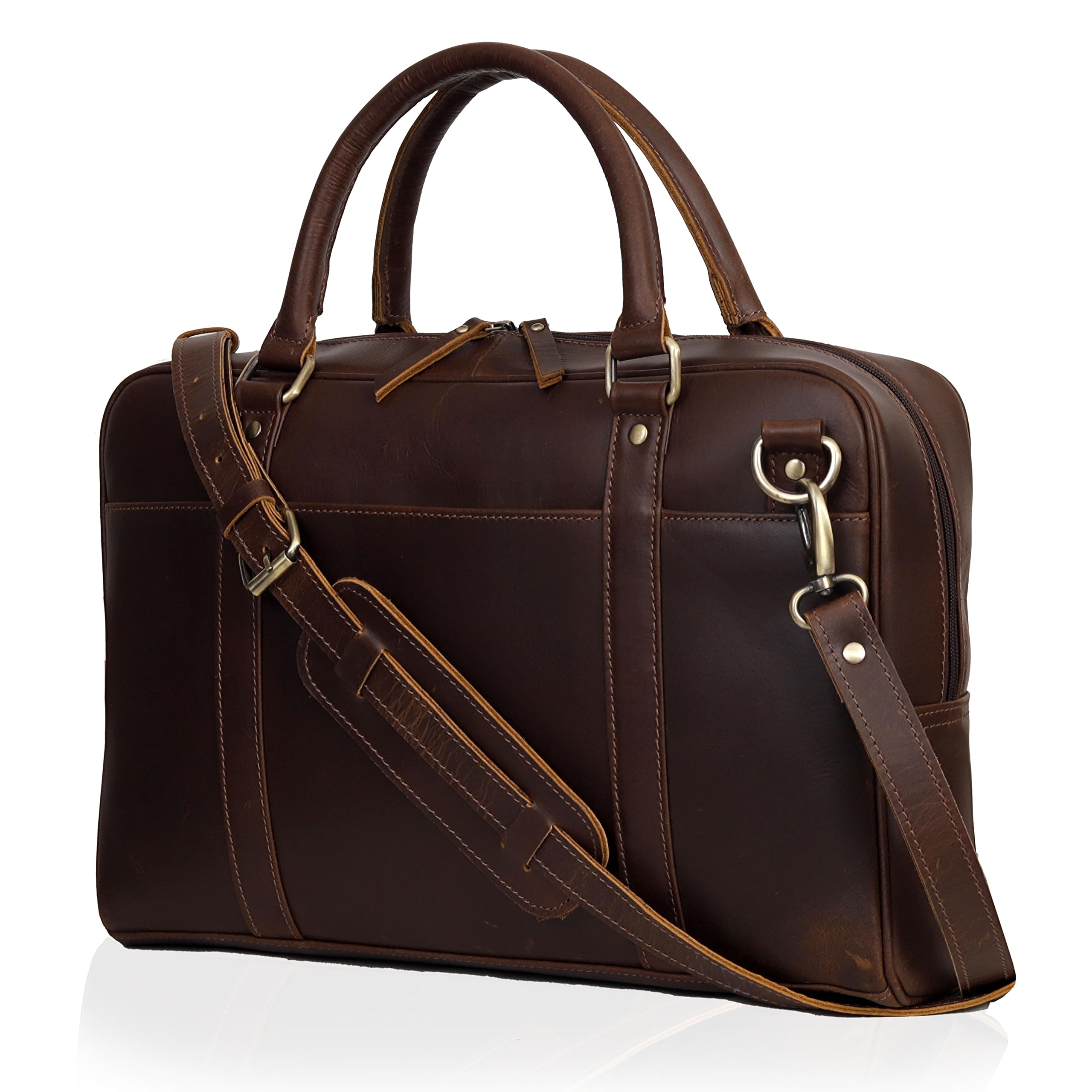 Premium Full Grain Cow Leather Briefcase for Men & Women - Handcrafted Laptop Bag with Multiple Compartments & Brass Hardware - Business Travel & Office Work Accessory