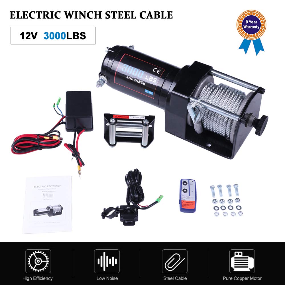 12V 3000 lbs Electric Winch - Heavy Duty Recovery Winch for Truck, SUV, ATV, Boat & Trailer with Steel Cable & Wireless Remote Control - Off-Roading, Towing & Vehicle Recovery Scenarios