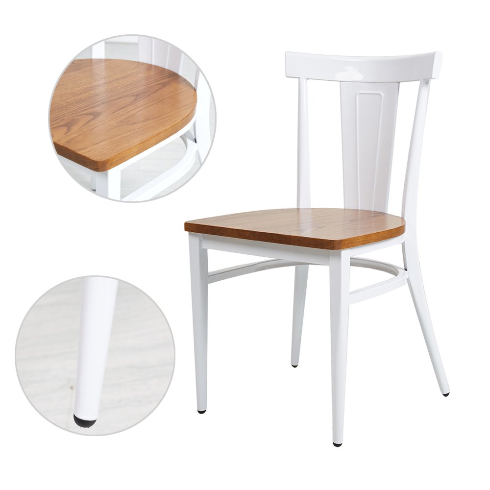 2-Pack White Metal Dining Chairs with Solid Wood Seat - Stackable Kitchen Chairs for Indoor, Restaurant & Outdoor Use - Perfect for Small Spaces, Patios and Commercial Dining Areas