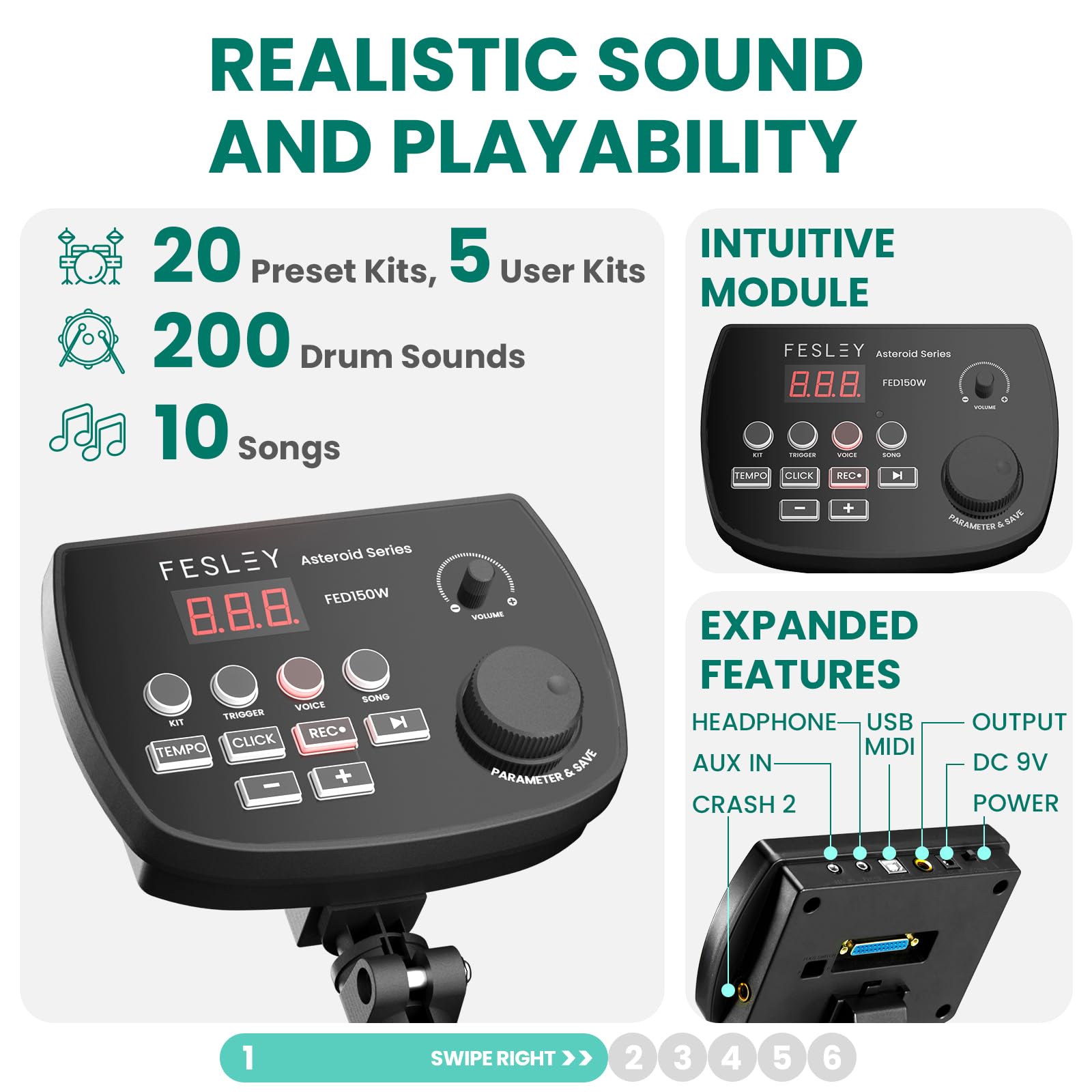 Fesley FED150W Electric Drum Set - 200 Sounds, 4 Quiet Mesh Pads, Dual Zone Snare, 2 Choke Cymbals | Portable Electronic Drum Kit for Beginners with Bluetooth, MIDI, Throne, Headphones & Sticks | Perfect for Home Practice, Studio Recording & Live Performances