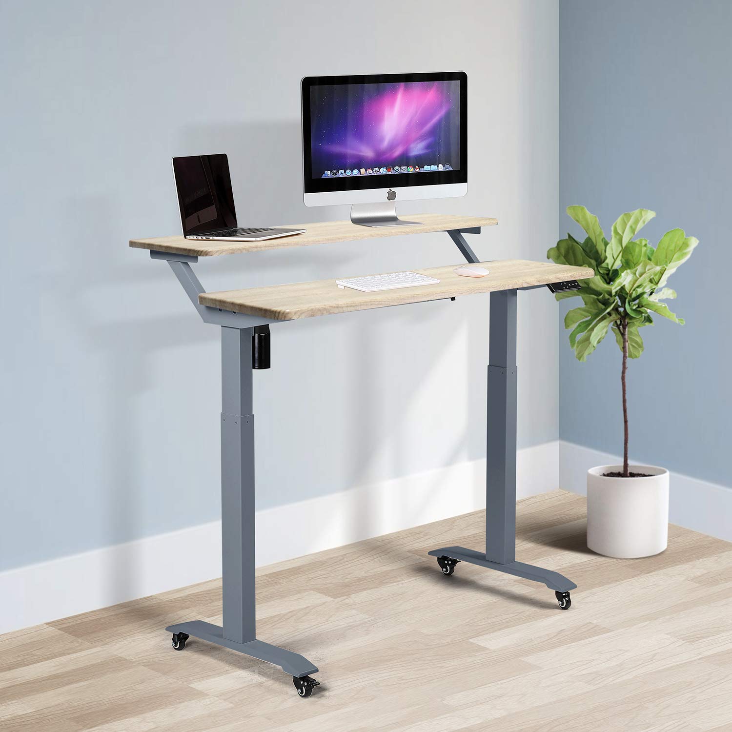 UNICOO® 2-Tier Electric Height Adjustable Standing Desk with Wheels - 48 x 24 Inch Mobile Sit Stand Workstation for Home Office | Ergonomic Workspace Solution for Small Spaces & Shared Work Environments