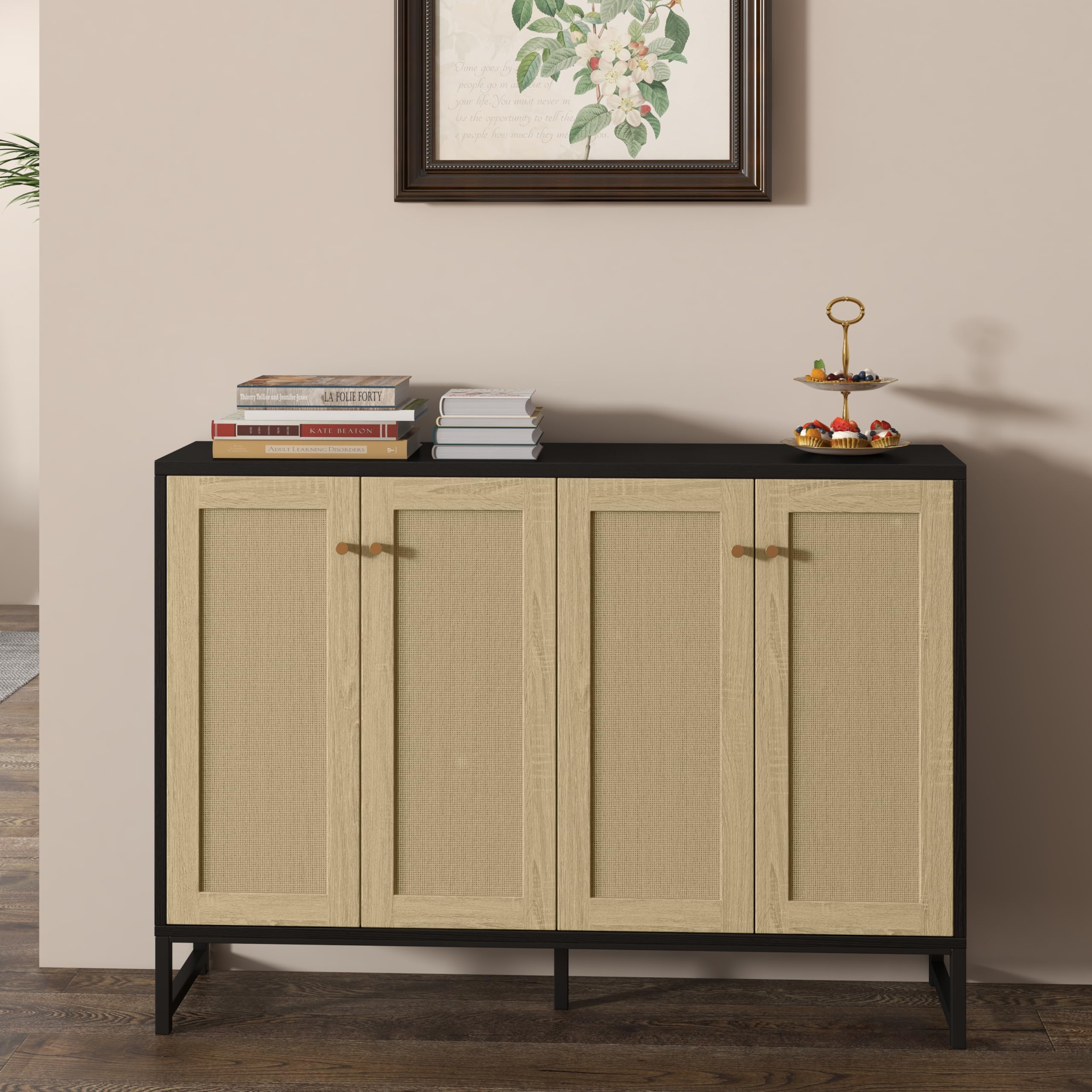 Panana 4-Door Sideboard Accent Cabinet with Rattan Decor - Freestanding Kitchen Buffet Storage for Dining Room & Living Room | Black Modern Cupboard for Home Organization & Display
