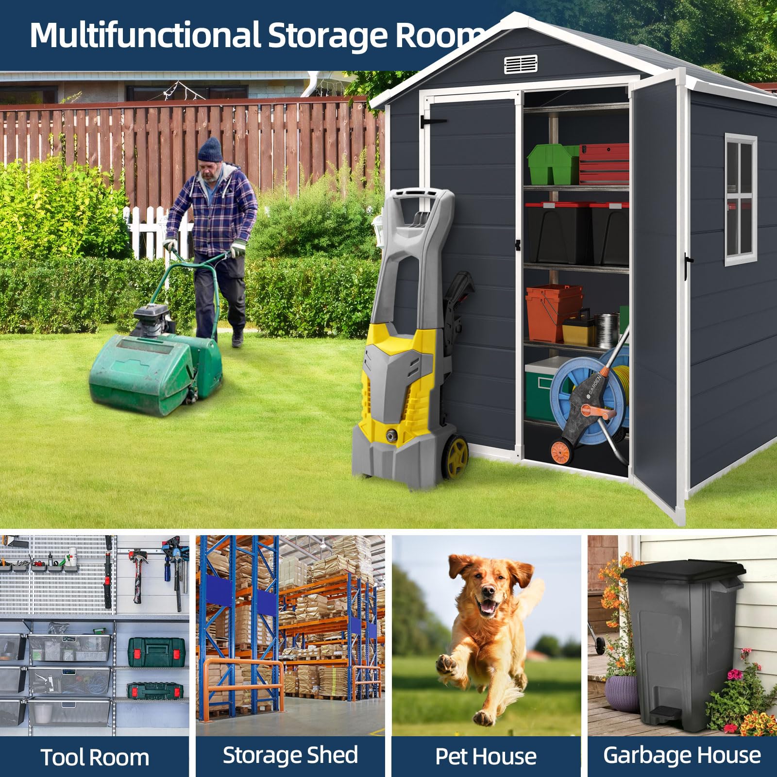 6x4.4FT Resin Outdoor Storage Shed - Waterproof Plastic Garden Shed with Floor & Lockable Doors for Patio, Yard, Lawn - Perfect for Storing Garden Tools, Pool Supplies & Outdoor Equipment (Dark Gray)