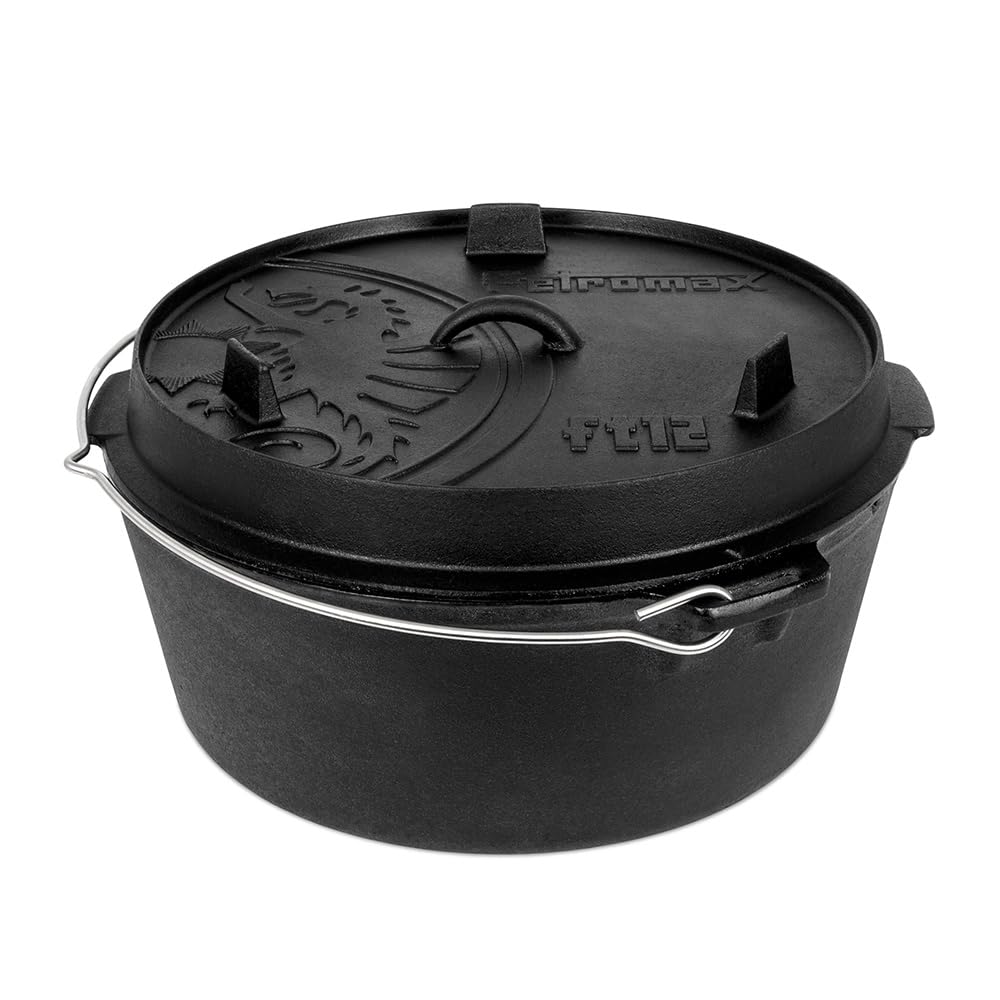 Petromax Pre-Seasoned Cast Iron Dutch Oven for Camping, Baking & Outdoor Cooking - Heavy Duty Even Heat Distribution Flat Base Cookware - Perfect for Campfire Meals, Home Kitchen & Backyard BBQs
