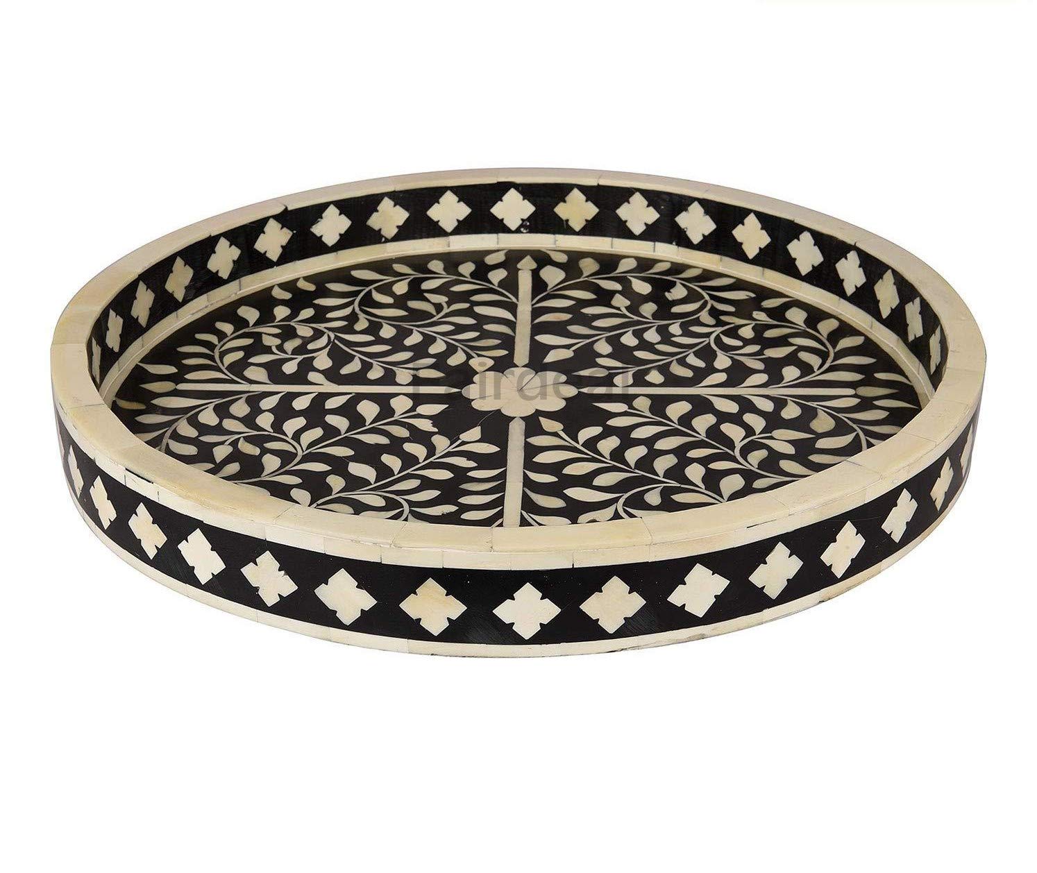 Handcrafted Antique Bone Inlay Round Serving Tray - Black Wooden Ottoman Style Home Decor | Perfect for Breakfast in Bed, Coffee Table Decor, and Gift Giving | Fairdeal Handicrafts